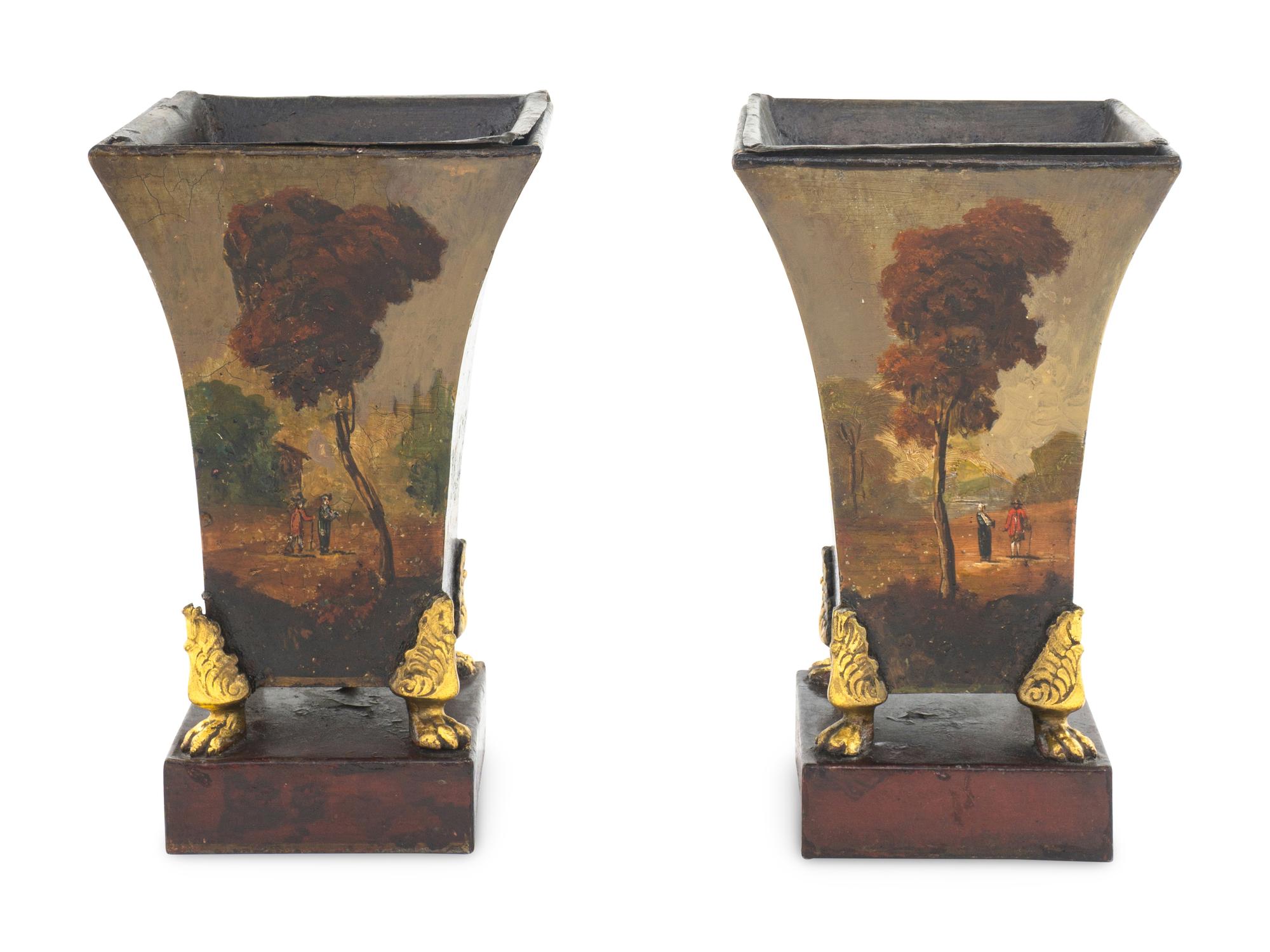 A Pair of French Gilt Metal Mounted Tole Cache Pots with a Pair of Giltwood Wall Brackets