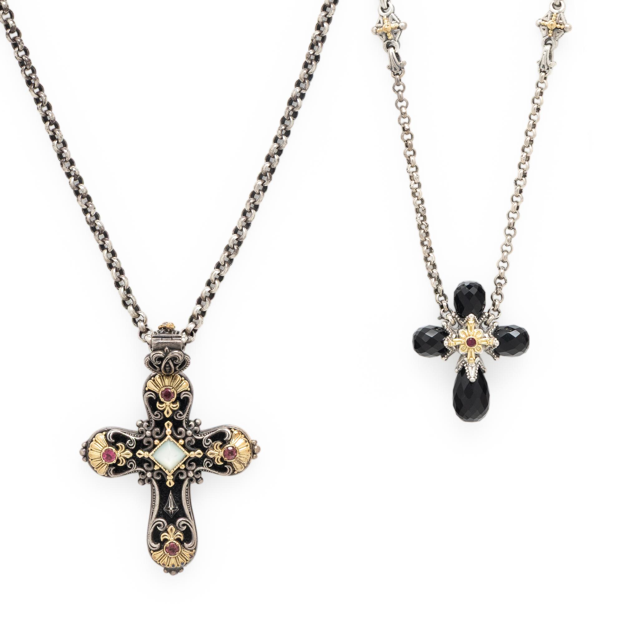 Kostantino, Two Sterling Silver and Mulitgem Cross Pendant Necklaces
