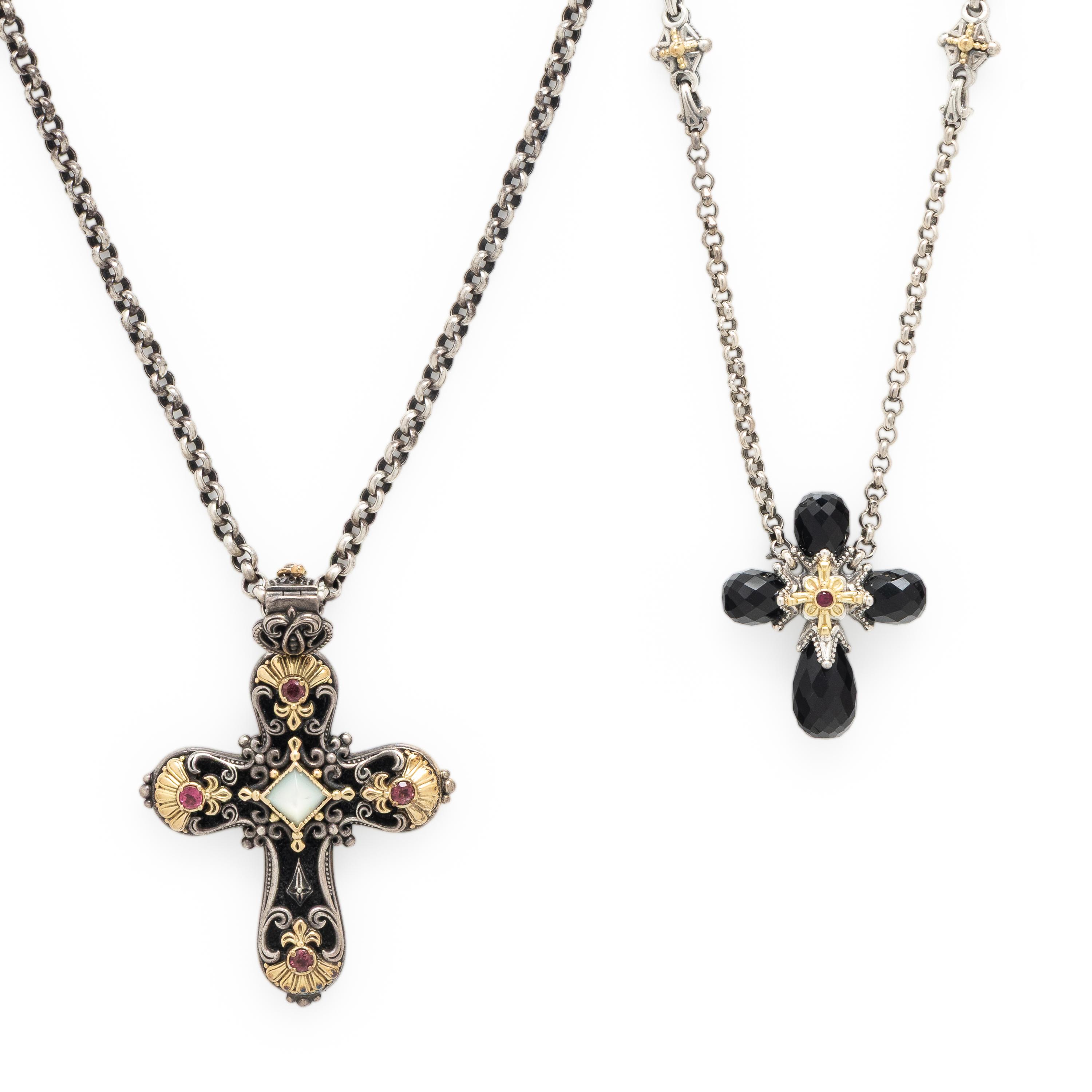 Kostantino, Two Sterling Silver and Mulitgem Cross Pendant Necklaces