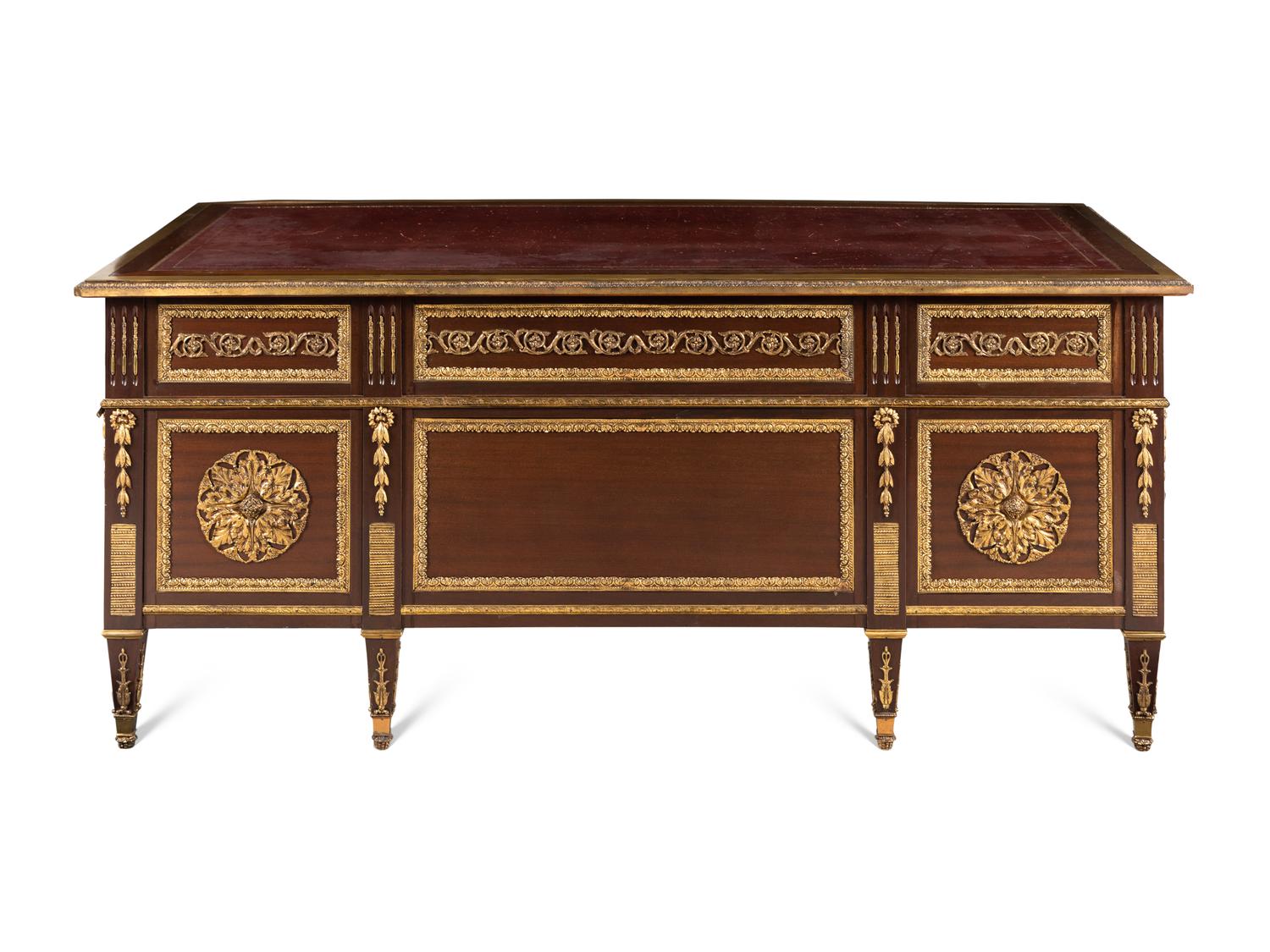 A Louis XVI Style Gilt Bronze Mounted Mahogany Bureau Plat