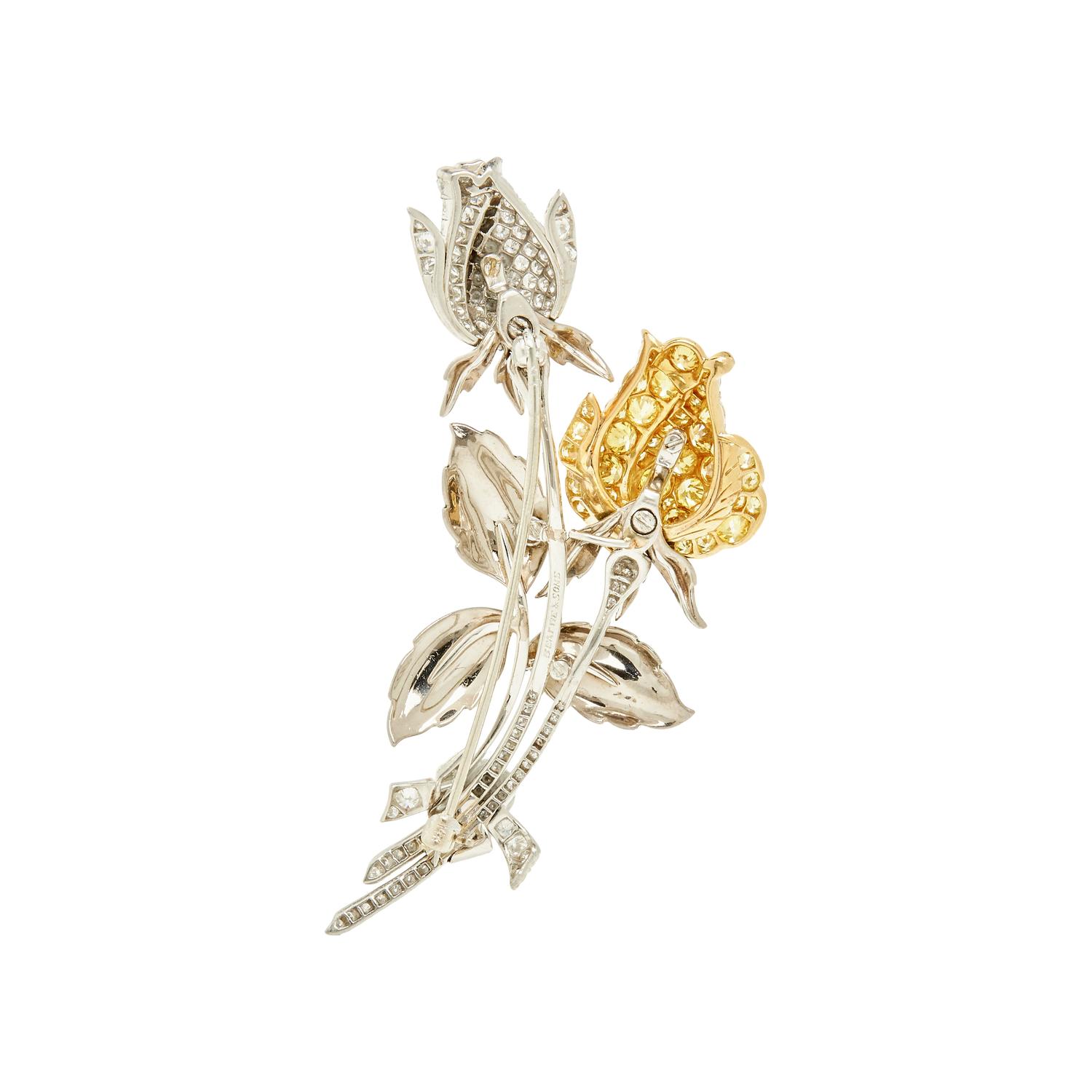 OSCAR HEYMAN, YELLOW DIAMOND, DIAMOND AND ENAMEL ROSE BROOCH