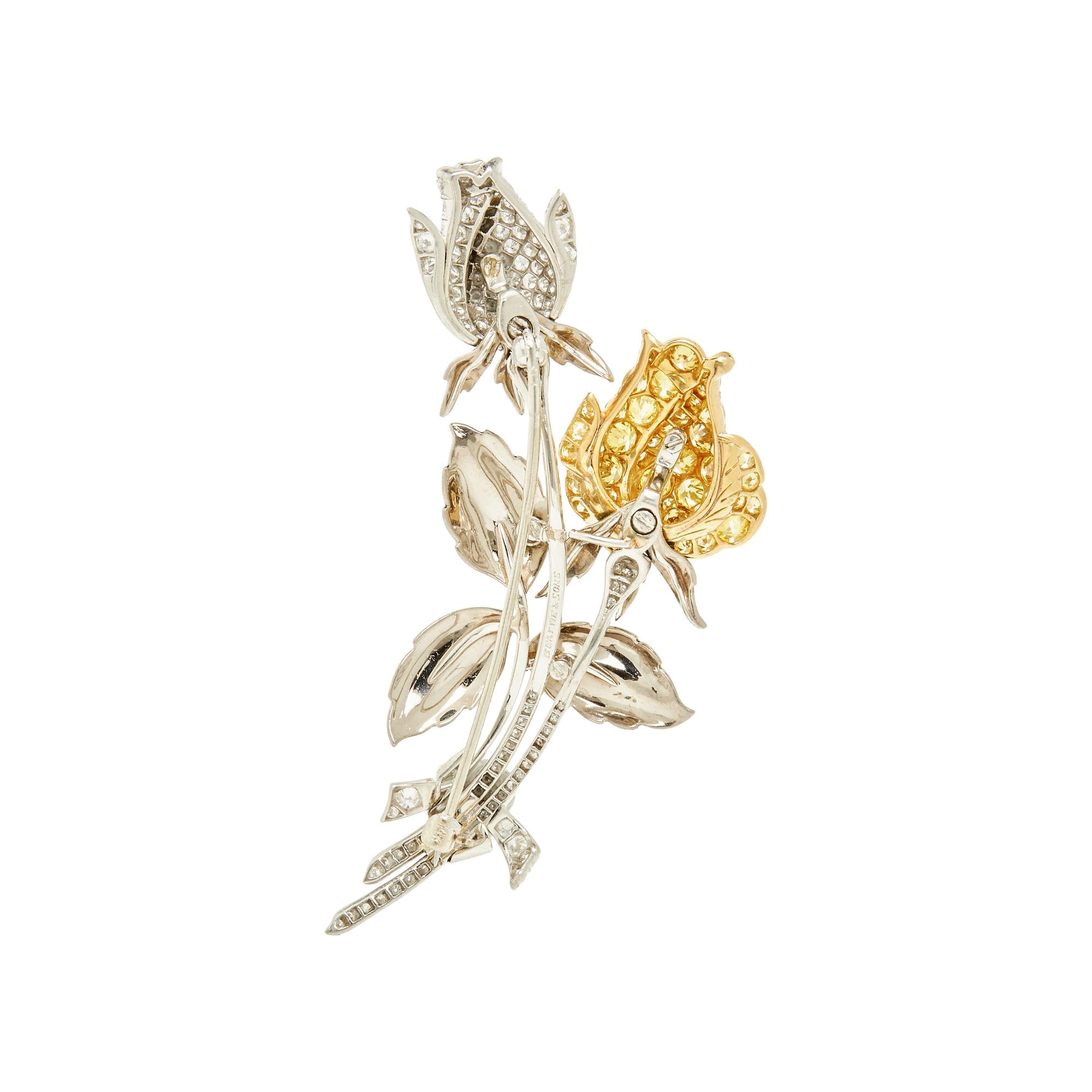OSCAR HEYMAN, YELLOW DIAMOND, DIAMOND AND ENAMEL ROSE BROOCH