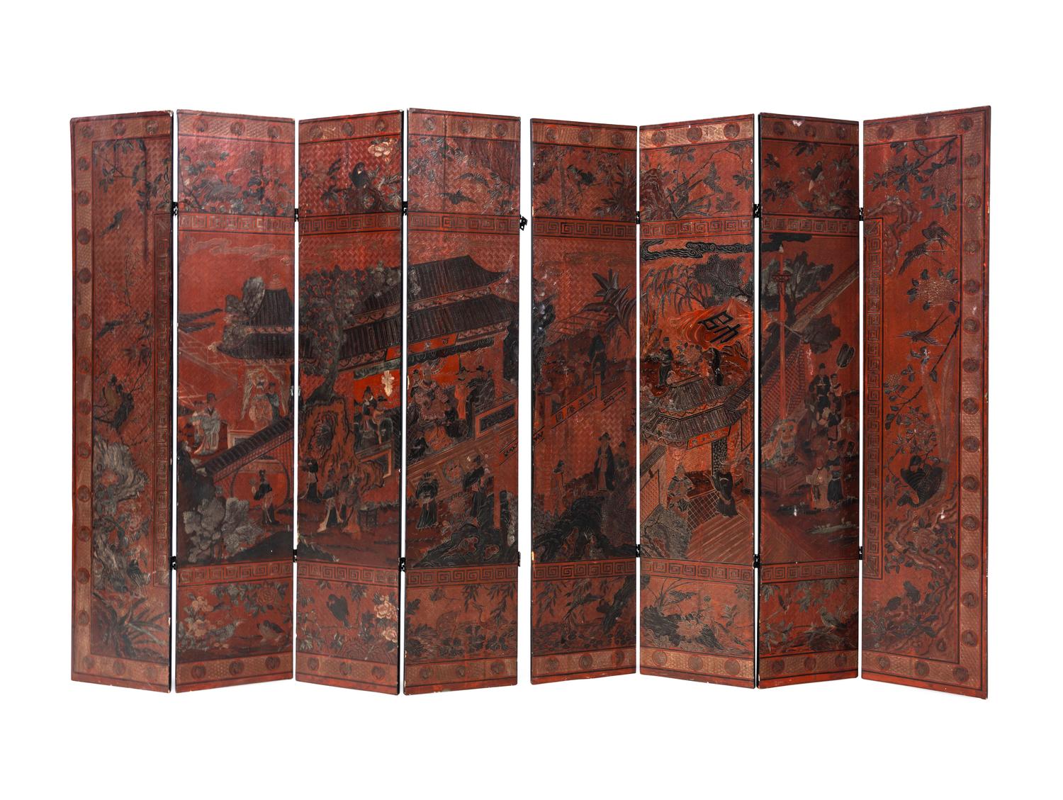 A Pochychrome Lacquered Eight-Paneled Folding Screen