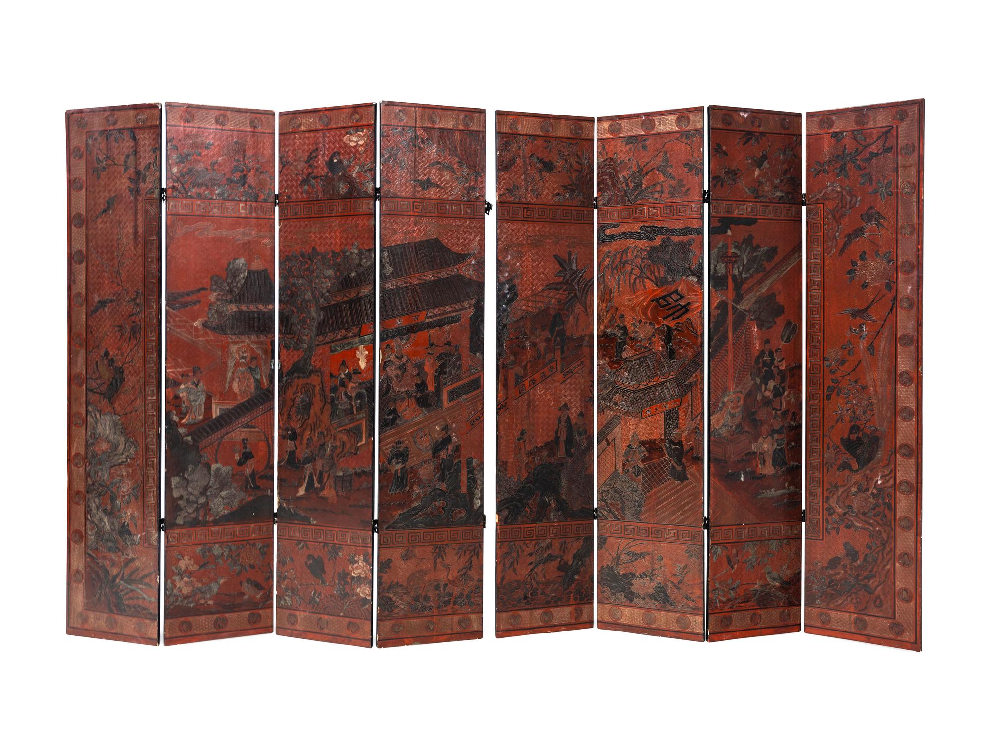 A Pochychrome Lacquered Eight-Paneled Folding Screen