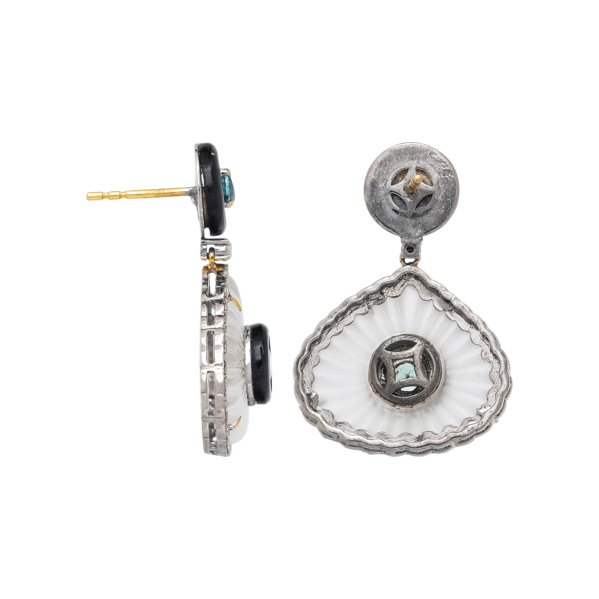 EMERALD, DIAMOND, ROCK CRYSTAL, AND BLACK ONYX EARRINGS