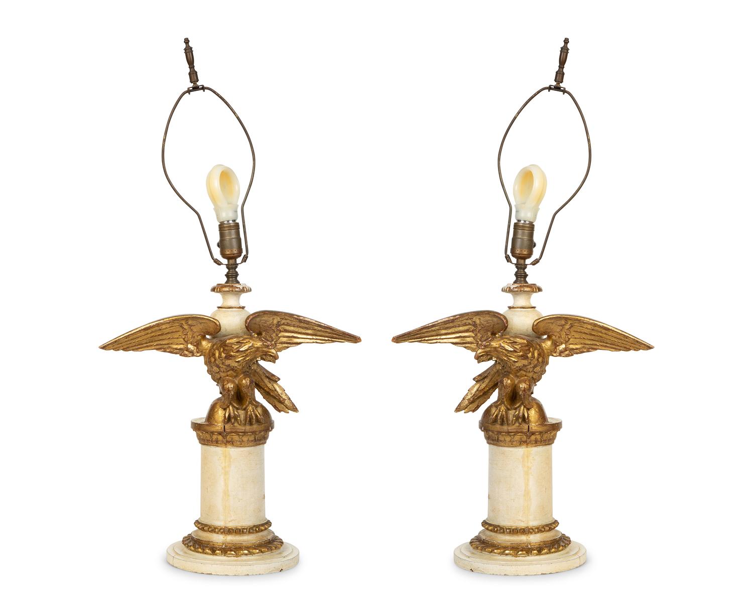 A Pair of Painted and Parcel Gilt Eagle Ornaments Mounted as Lamps