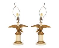 A Pair of Painted and Parcel Gilt Eagle Ornaments Mounted as Lamps