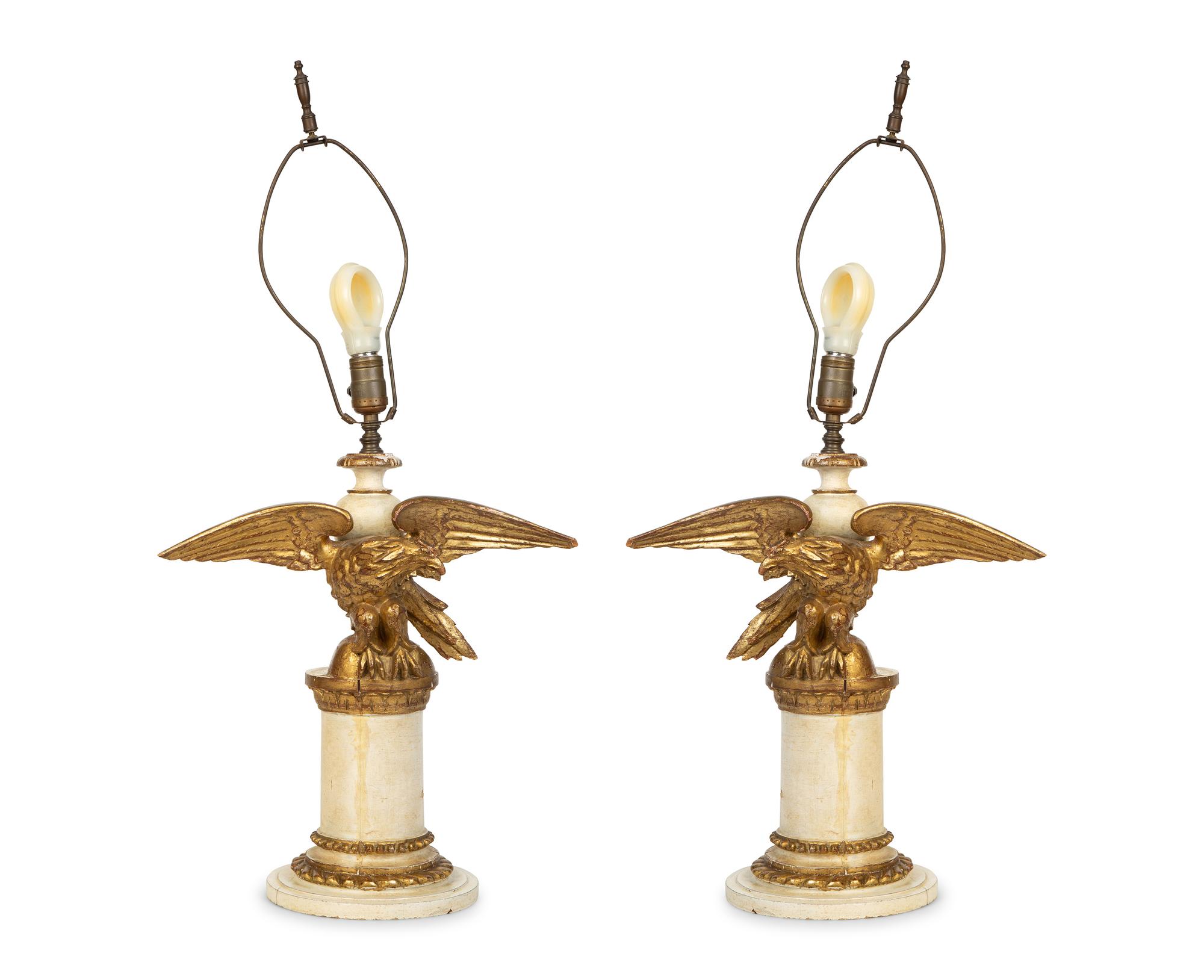 A Pair of Painted and Parcel Gilt Eagle Ornaments Mounted as Lamps