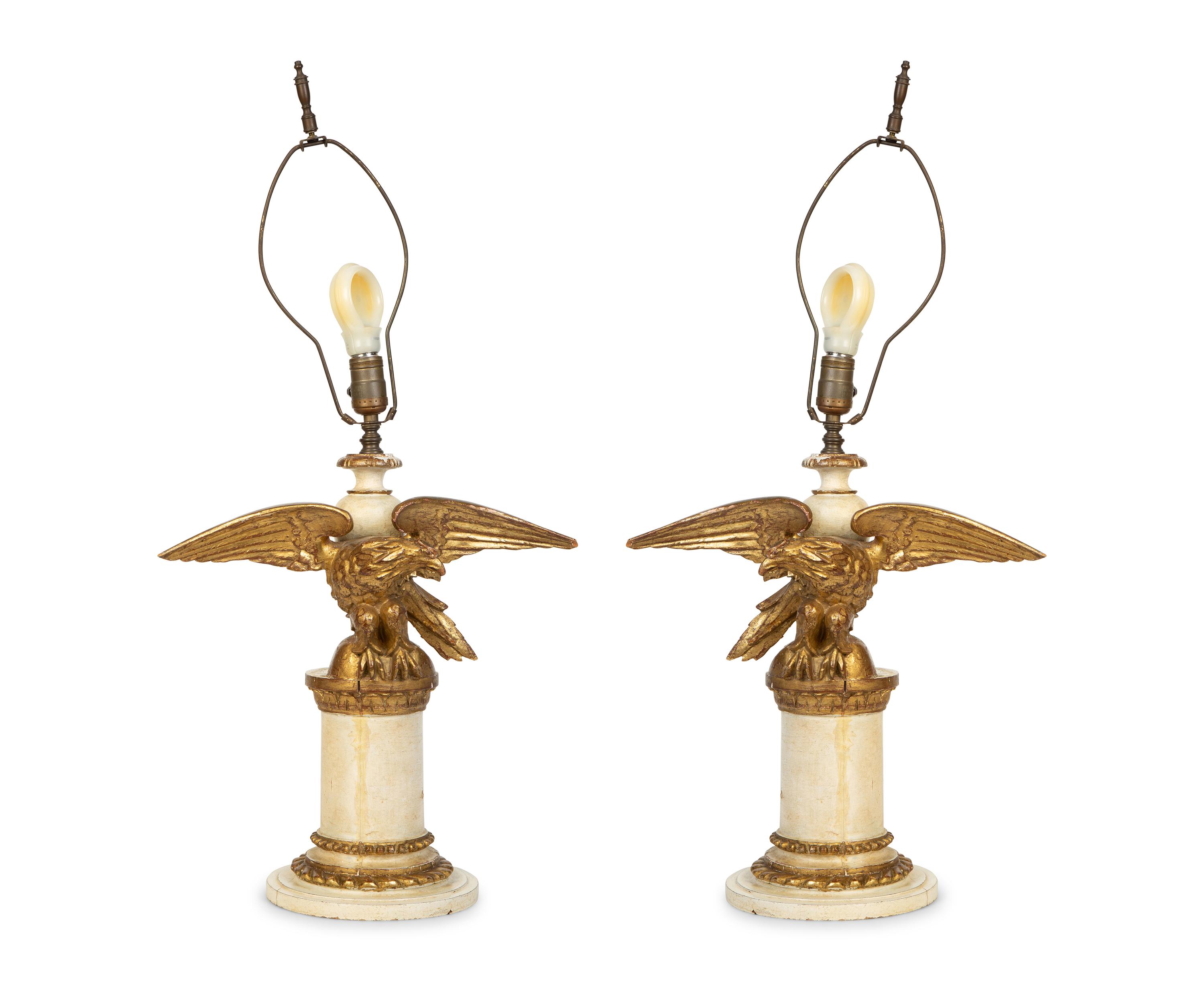 A Pair of Painted and Parcel Gilt Eagle Ornaments Mounted as Lamps