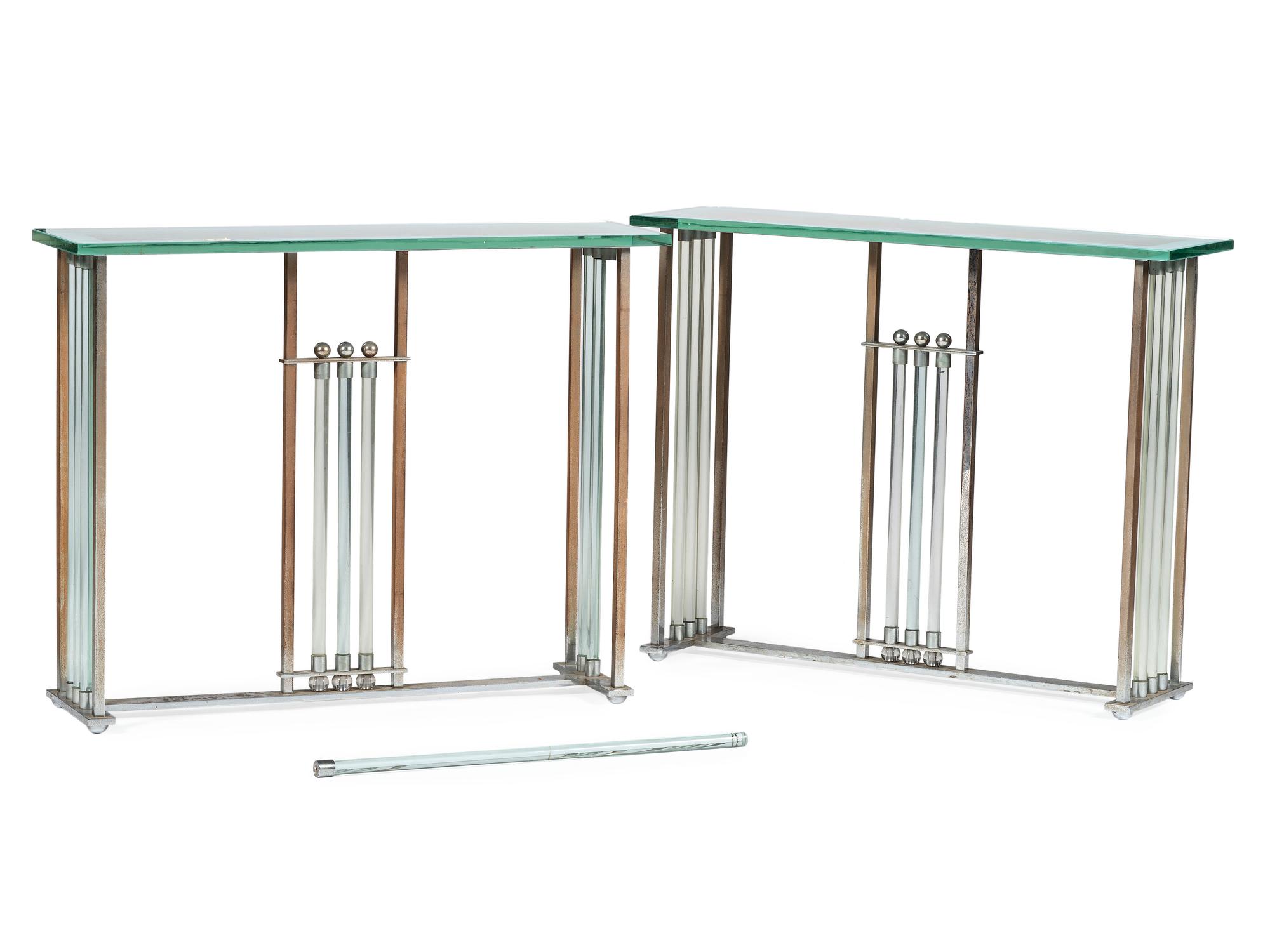 A Pair of Chrome and Glass Console Tables