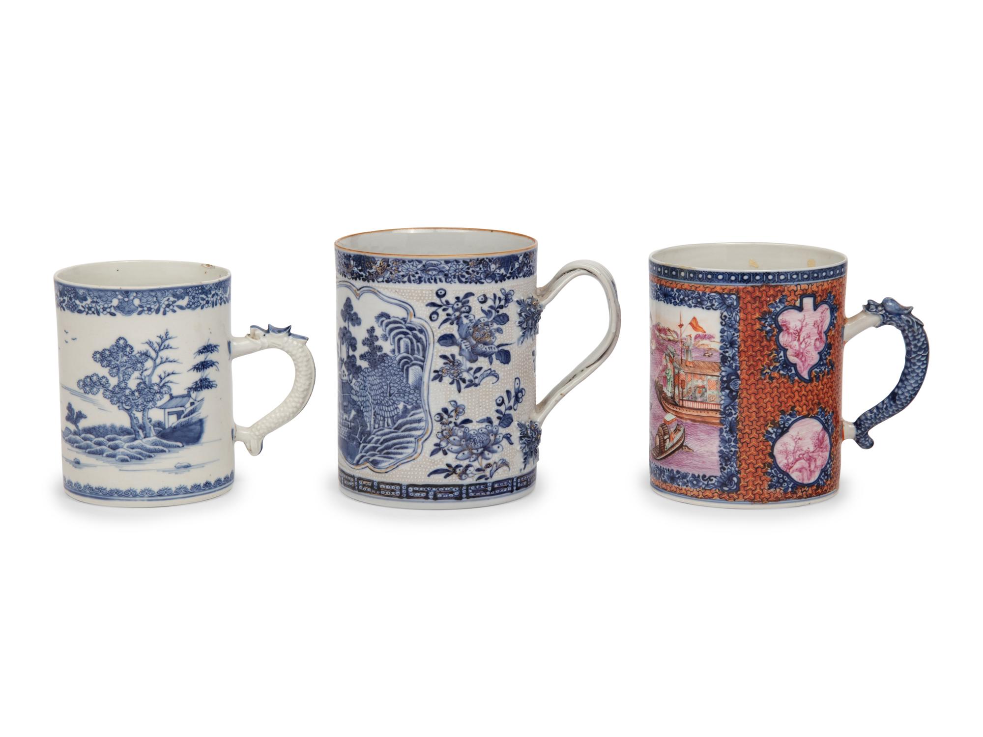 Three Oversized Chinese Export Porcelain Mugs