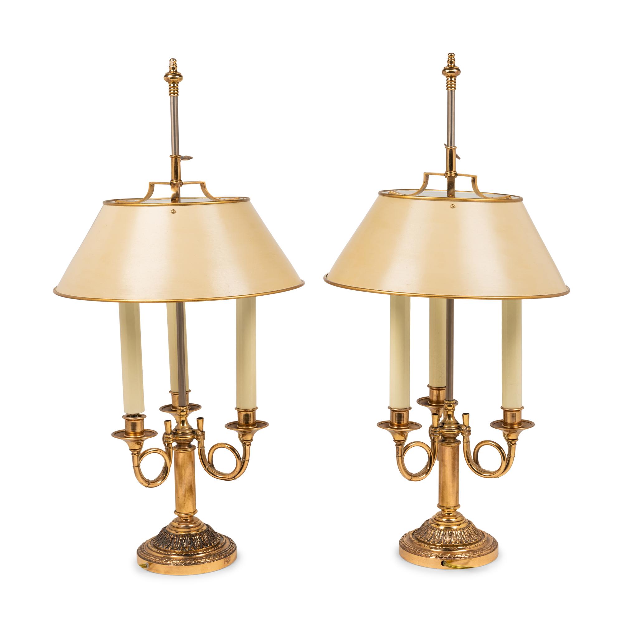 A Pair of Gilt Metal and Tôle Bouillotte Lamps