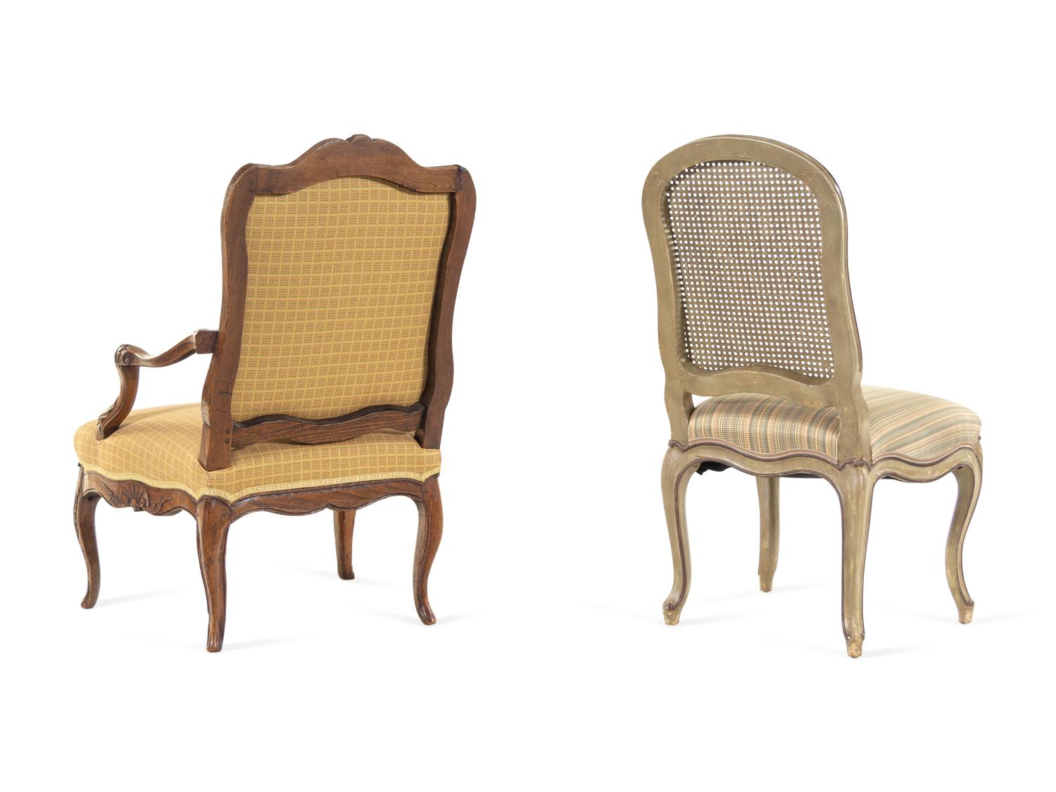 A Louis XV Style Painted Side Chair and a Régence Style Oak Fauteuil