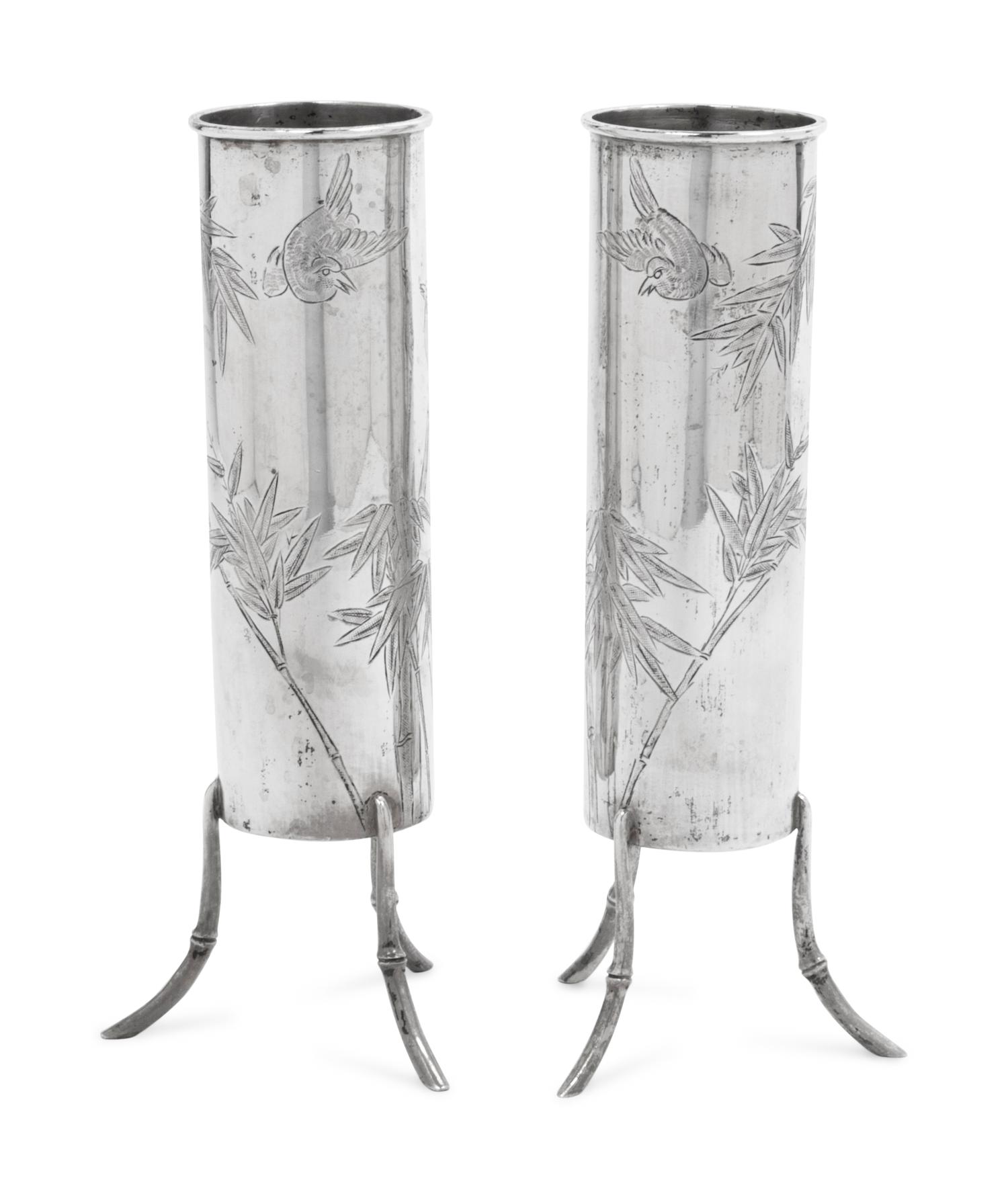 A Pair of Chinese Export Silver Tripod Vases