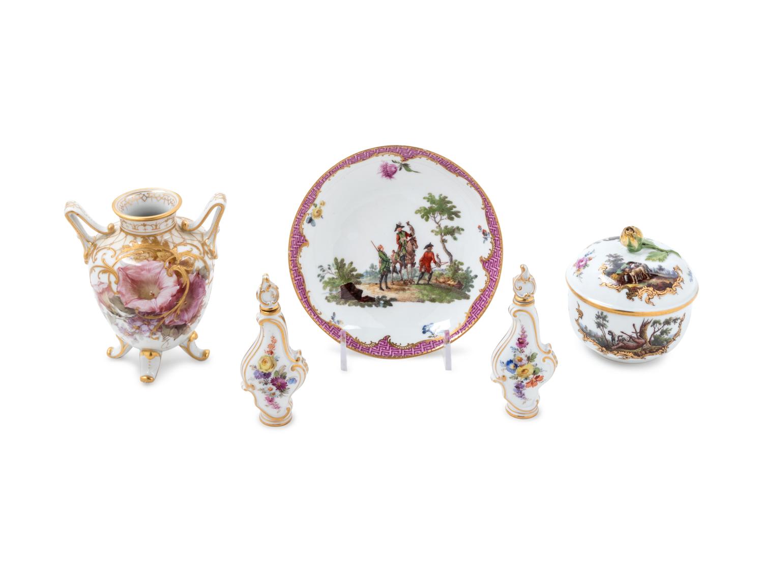 Five German Painted and Parcel Gilt Porcelain Table Articles