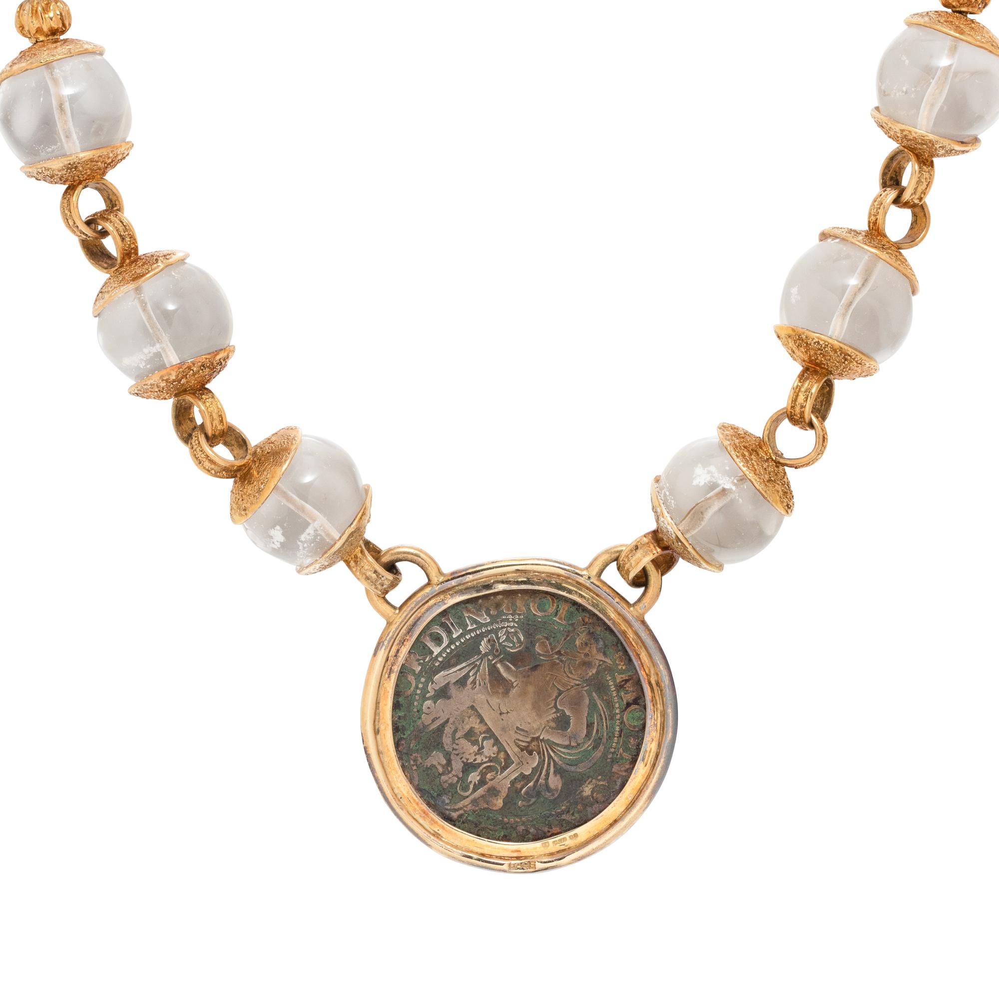 ELIZABETH GAGE, YELLOW GOLD, ROCK CRYSTAL AND COIN NECKLACE