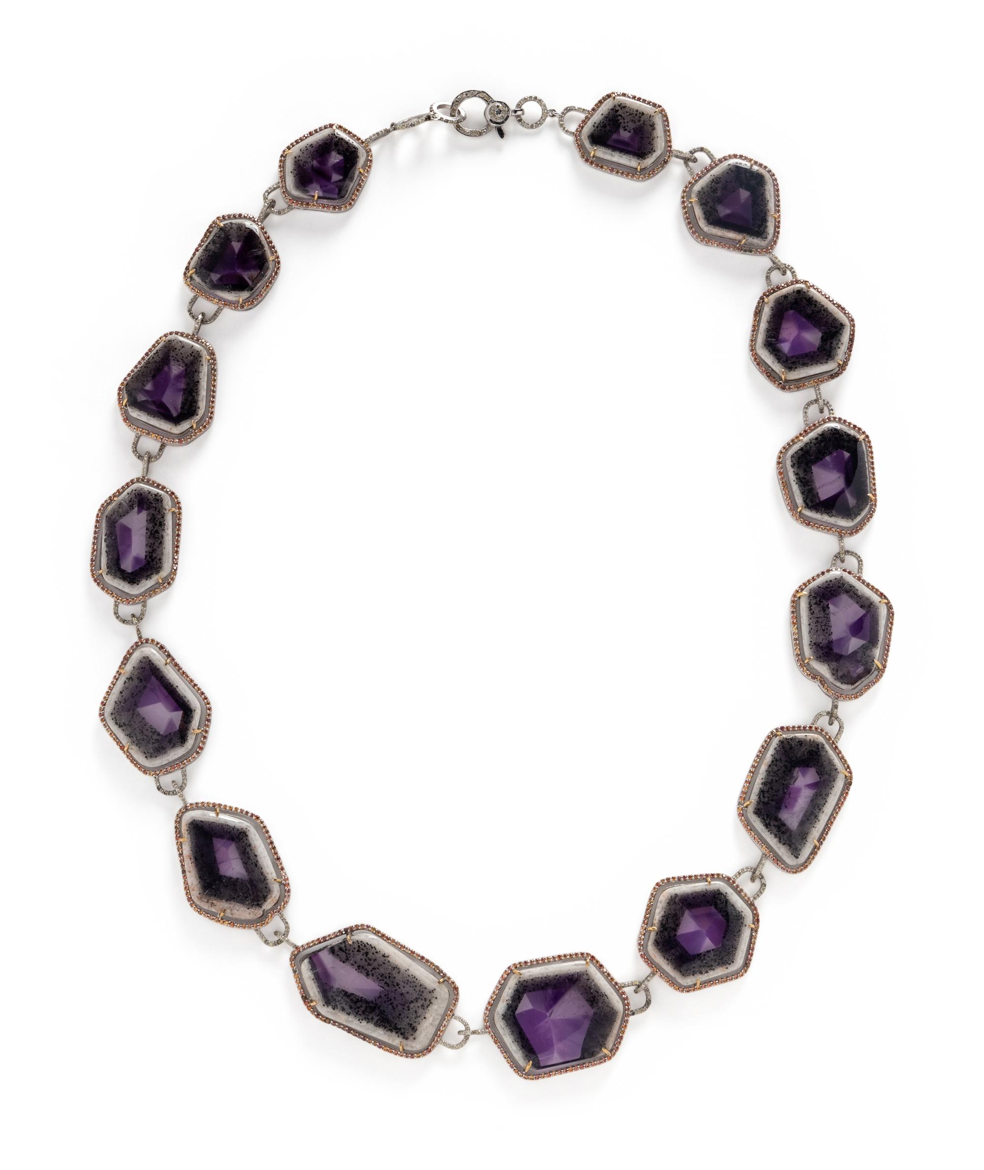 AMETHYST GEODE, ORANGE SAPPHIRE, AND DIAMOND NECKLACE