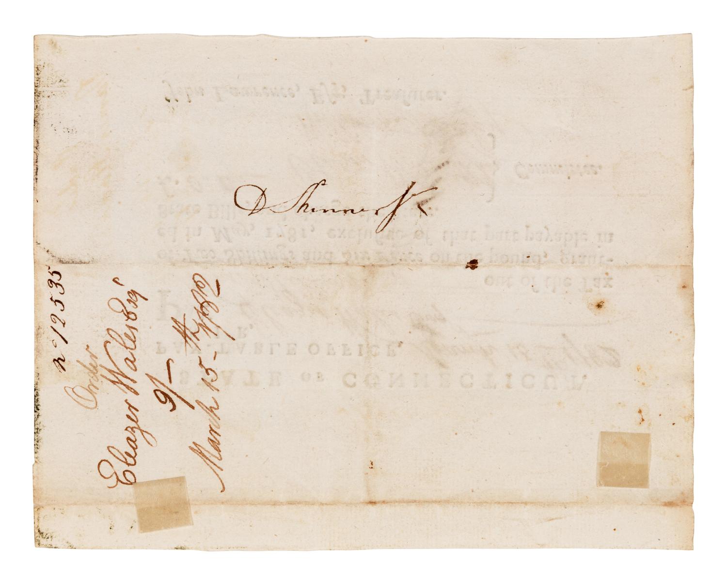 WOLCOTT, Oliver (1726-1797), signer of the Declaration of Independence and the Articles of the Confederation. Partially printed document signed ("Oliver Wolcott"), 15 March 1782.