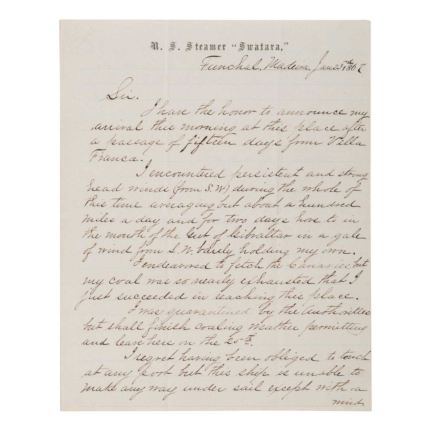 [CIVIL WAR] - [LINCOLN ASSASSINATION]. A group of 3 documents related to the Lincoln kidnapping and assassination plot, and the USS Swatara's pursuit of an alleged conspirator, comprising:
