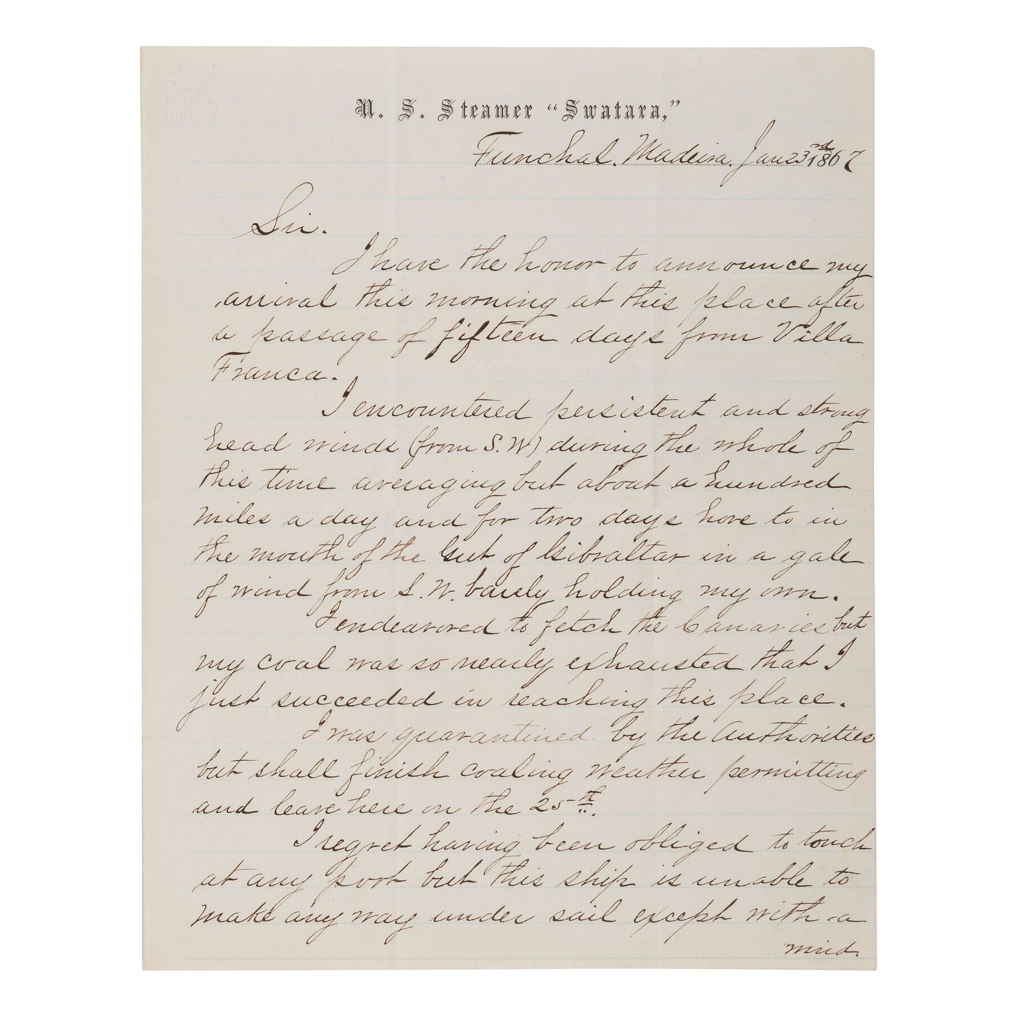 [CIVIL WAR] - [LINCOLN ASSASSINATION]. A group of 3 documents related to the Lincoln kidnapping and assassination plot, and the USS Swatara's pursuit of an alleged conspirator, comprising: