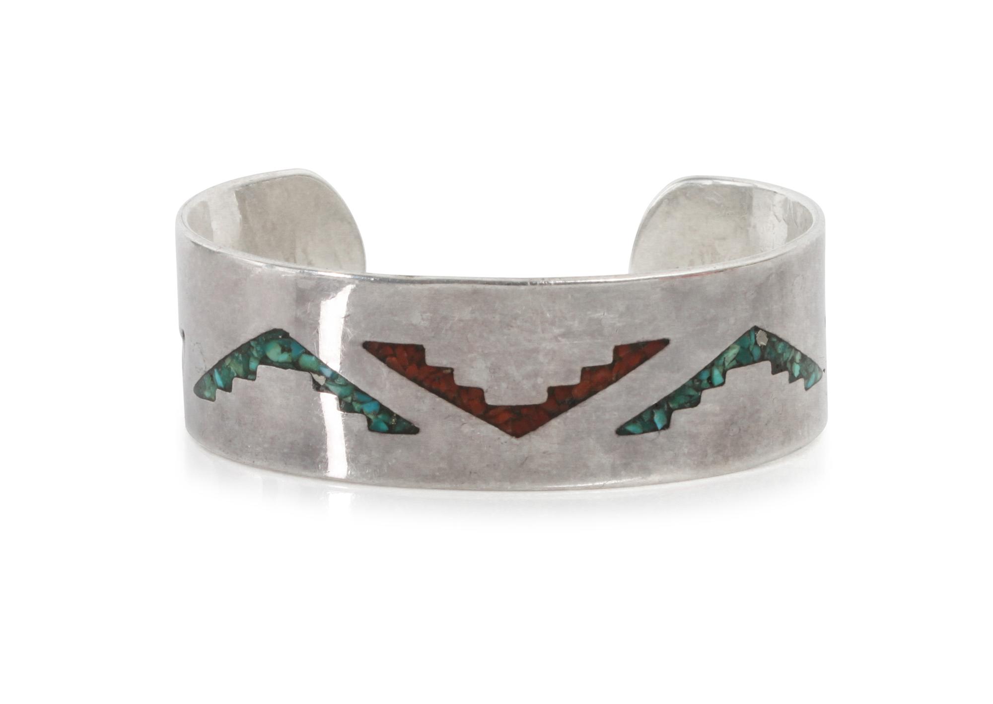 Two Navajo Bracelets Length of first 5 1/4 x opening 1 1/8 x width 2 1/8 inches.