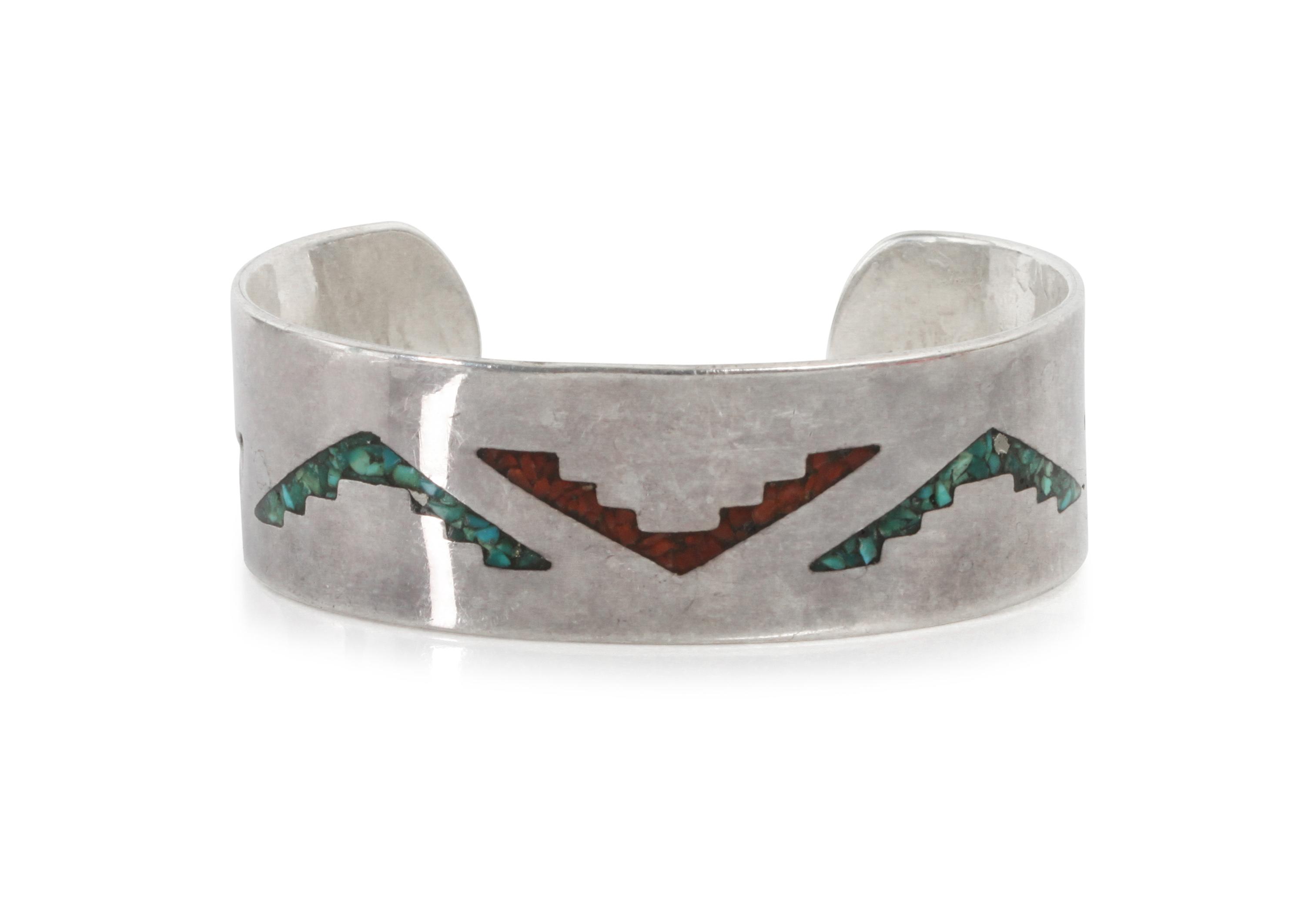 Two Navajo Bracelets Length of first 5 1/4 x opening 1 1/8 x width 2 1/8 inches.