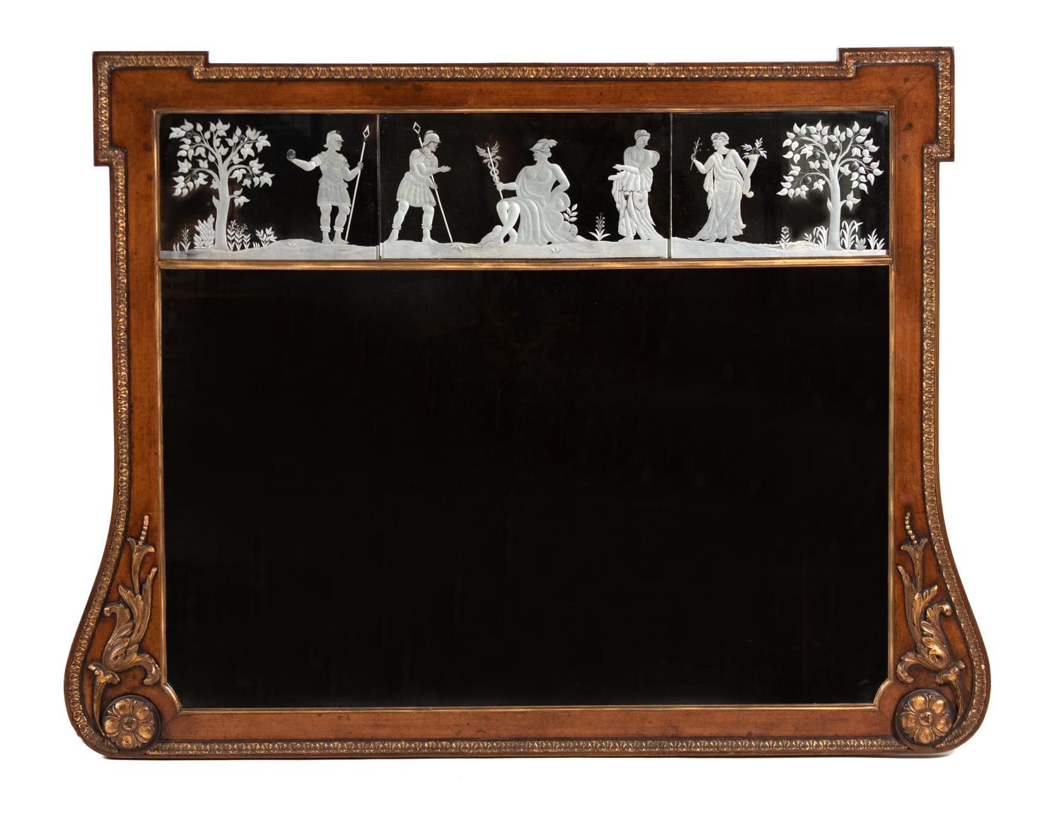 A Queen Anne Style Parcel-Gilt Walnut and Reverse-Etched Glass Mirror