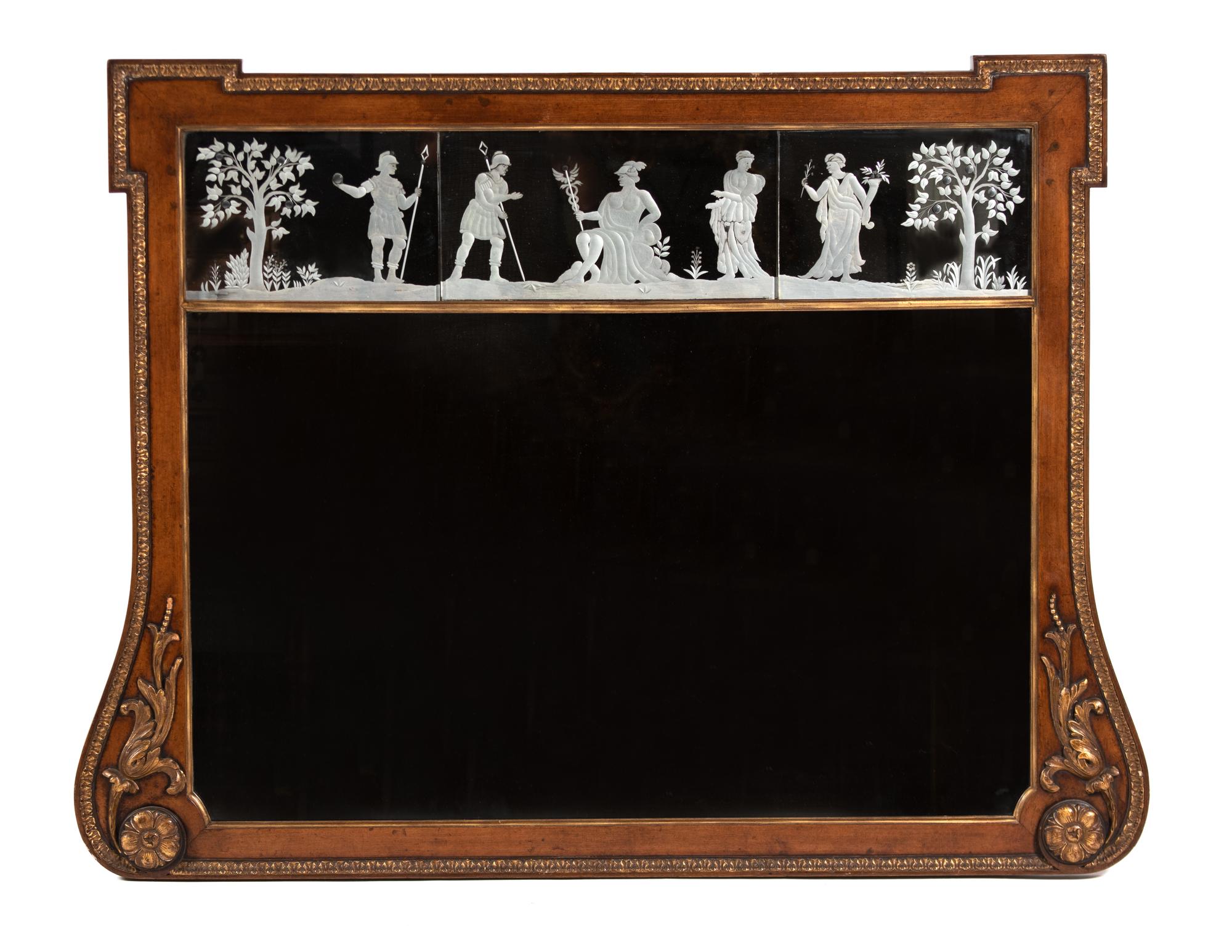 A Queen Anne Style Parcel-Gilt Walnut and Reverse-Etched Glass Mirror