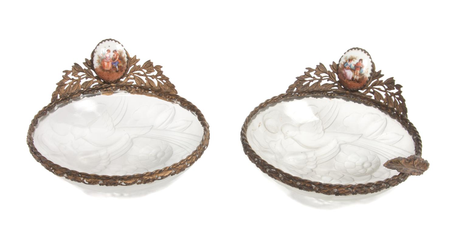 A Pair of French Glass and Metal Dishes Diameter of each 4 3/4 inches.