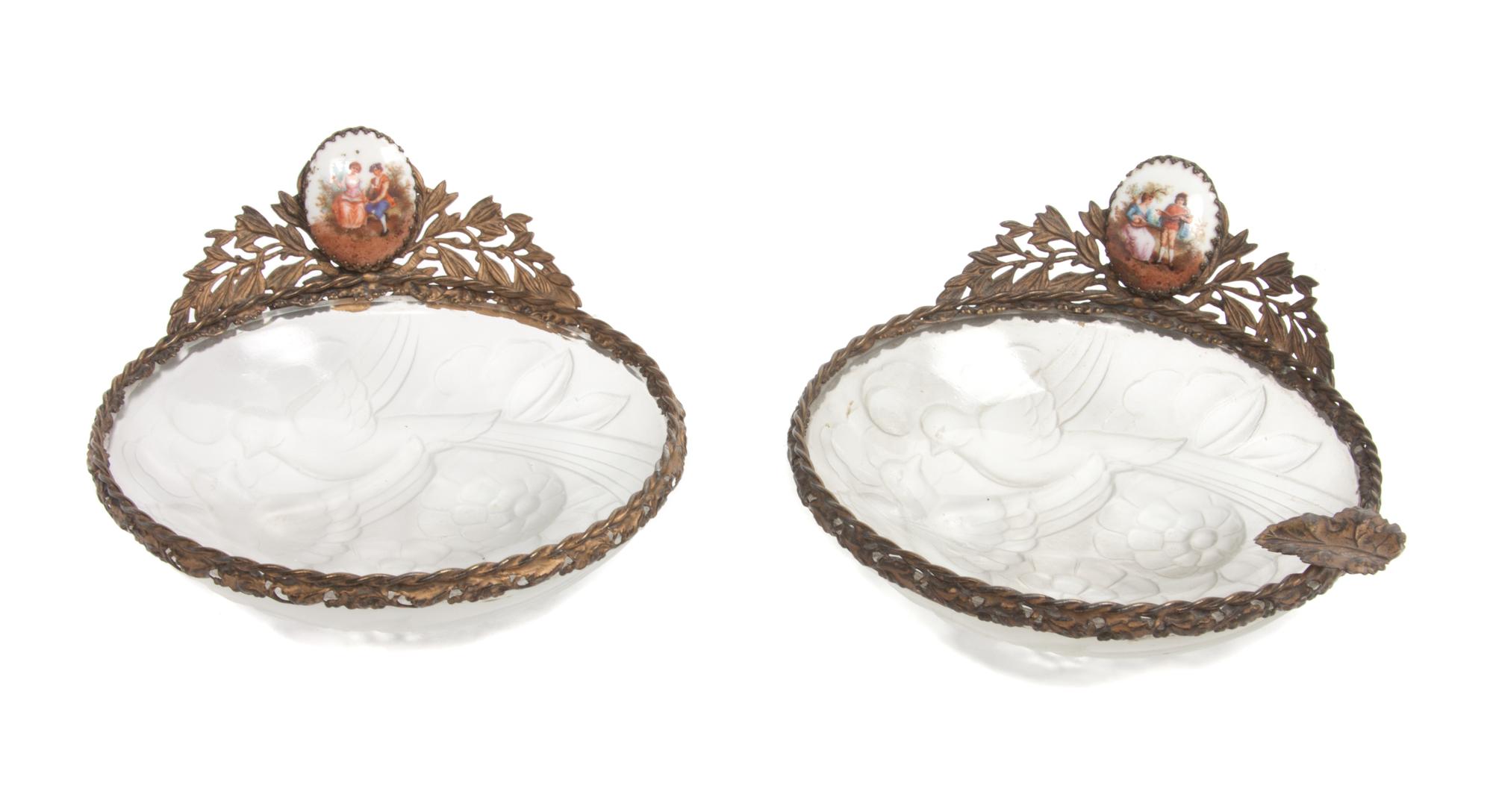 A Pair of French Glass and Metal Dishes Diameter of each 4 3/4 inches.