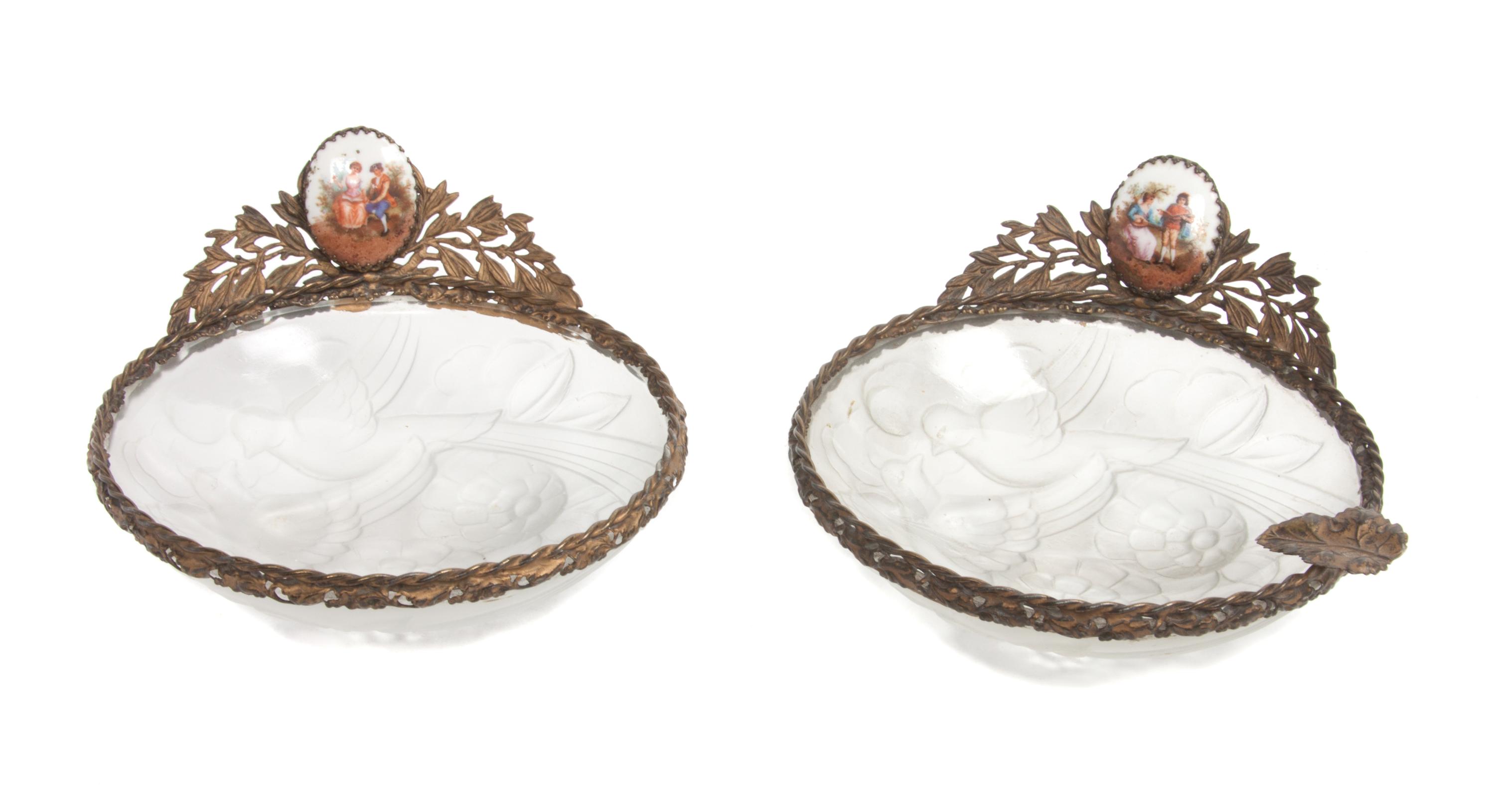 A Pair of French Glass and Metal Dishes Diameter of each 4 3/4 inches.