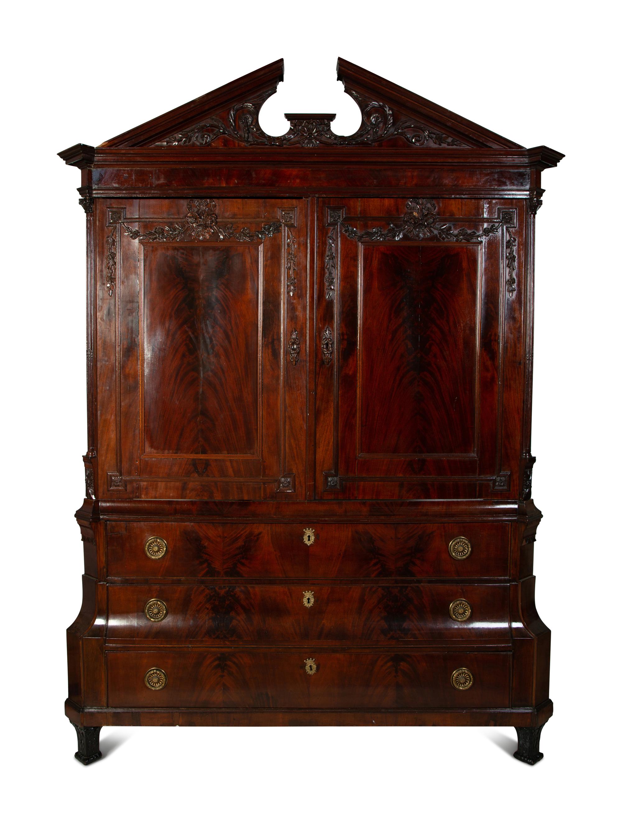 A Dutch Neoclassical Crotch Mahogany Linen Press — LATE 18TH CENTURY