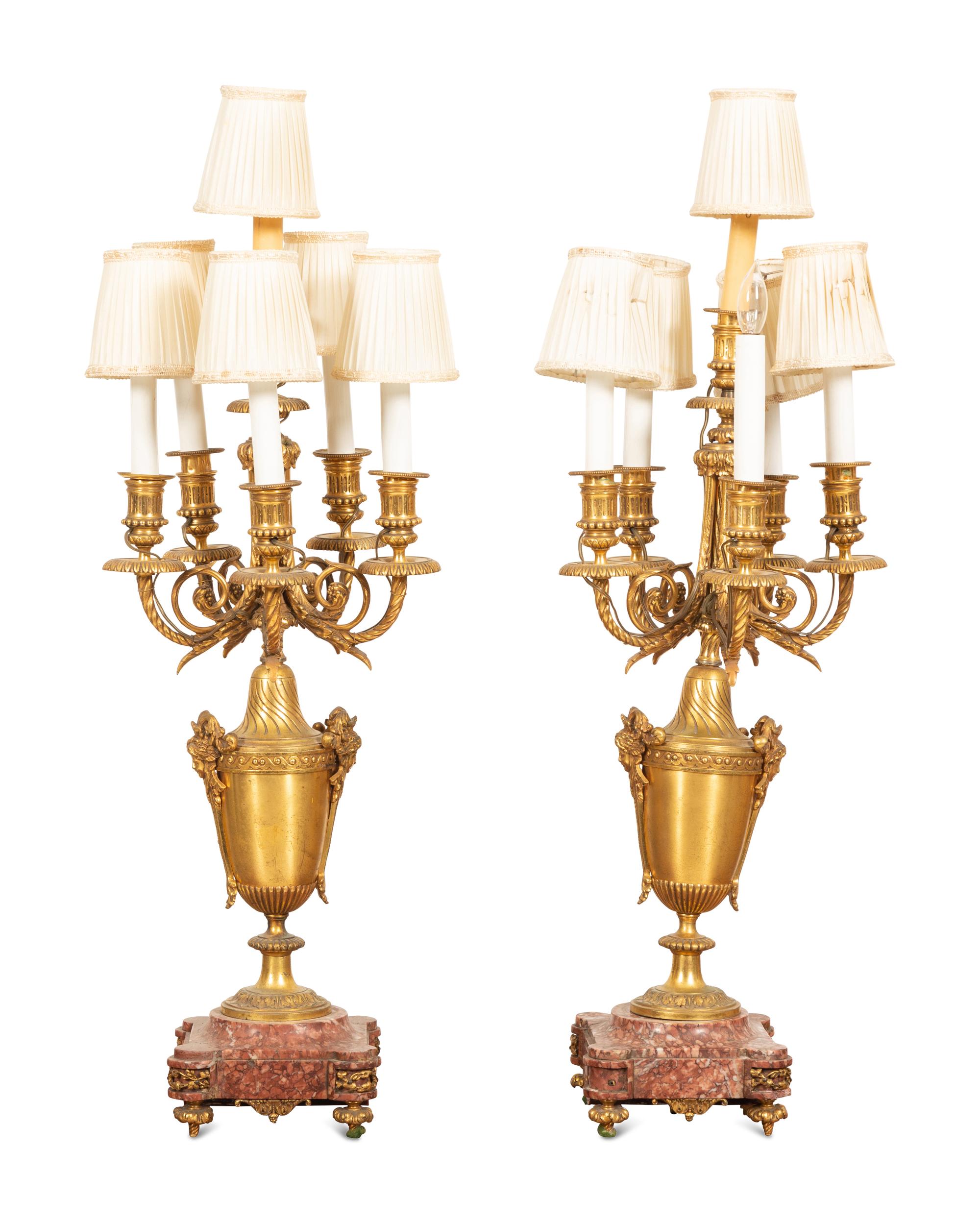 A Pair of Empire Style Six-Light Bronze Urn-form Candelabra