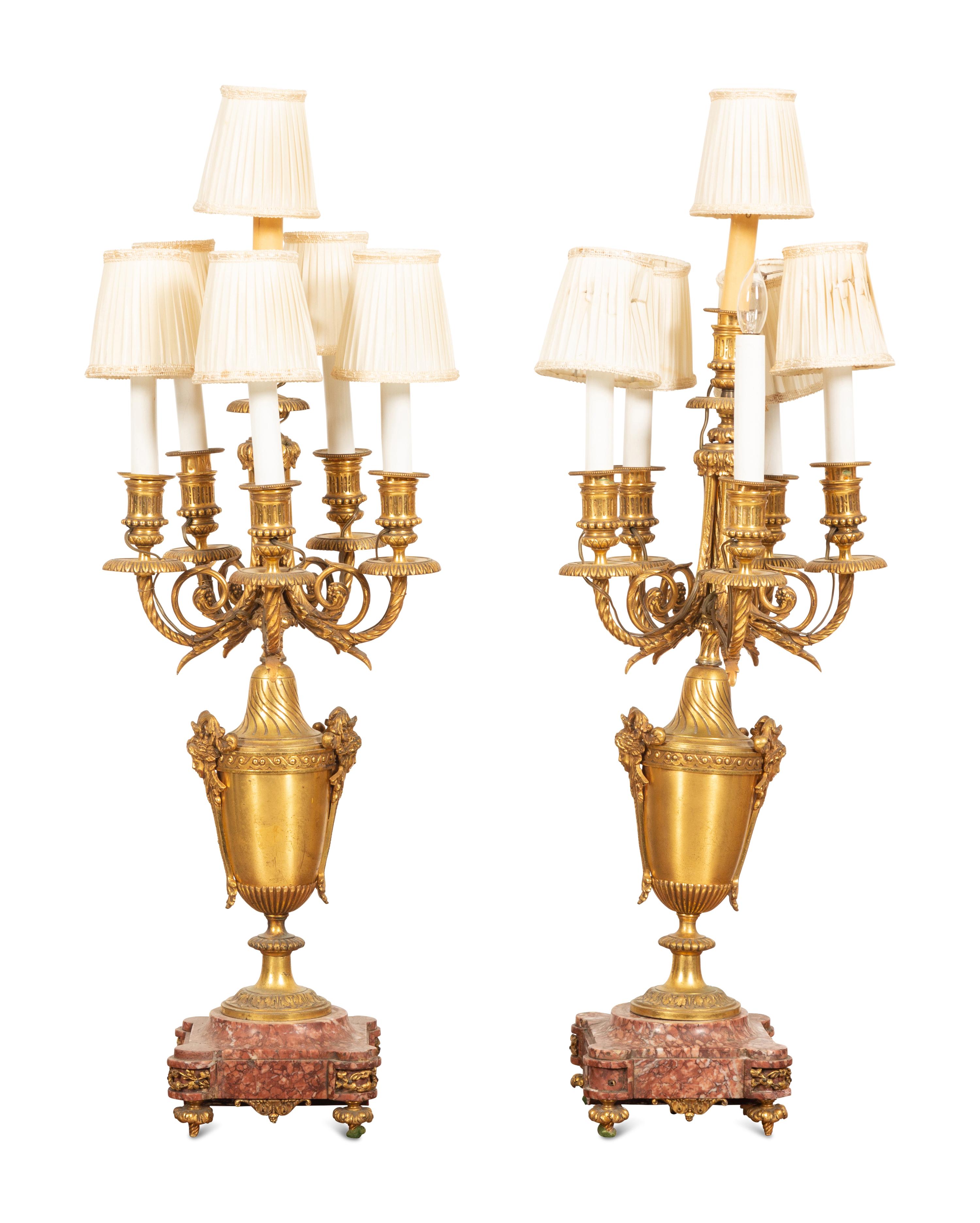 A Pair of Empire Style Six-Light Bronze Urn-form Candelabra