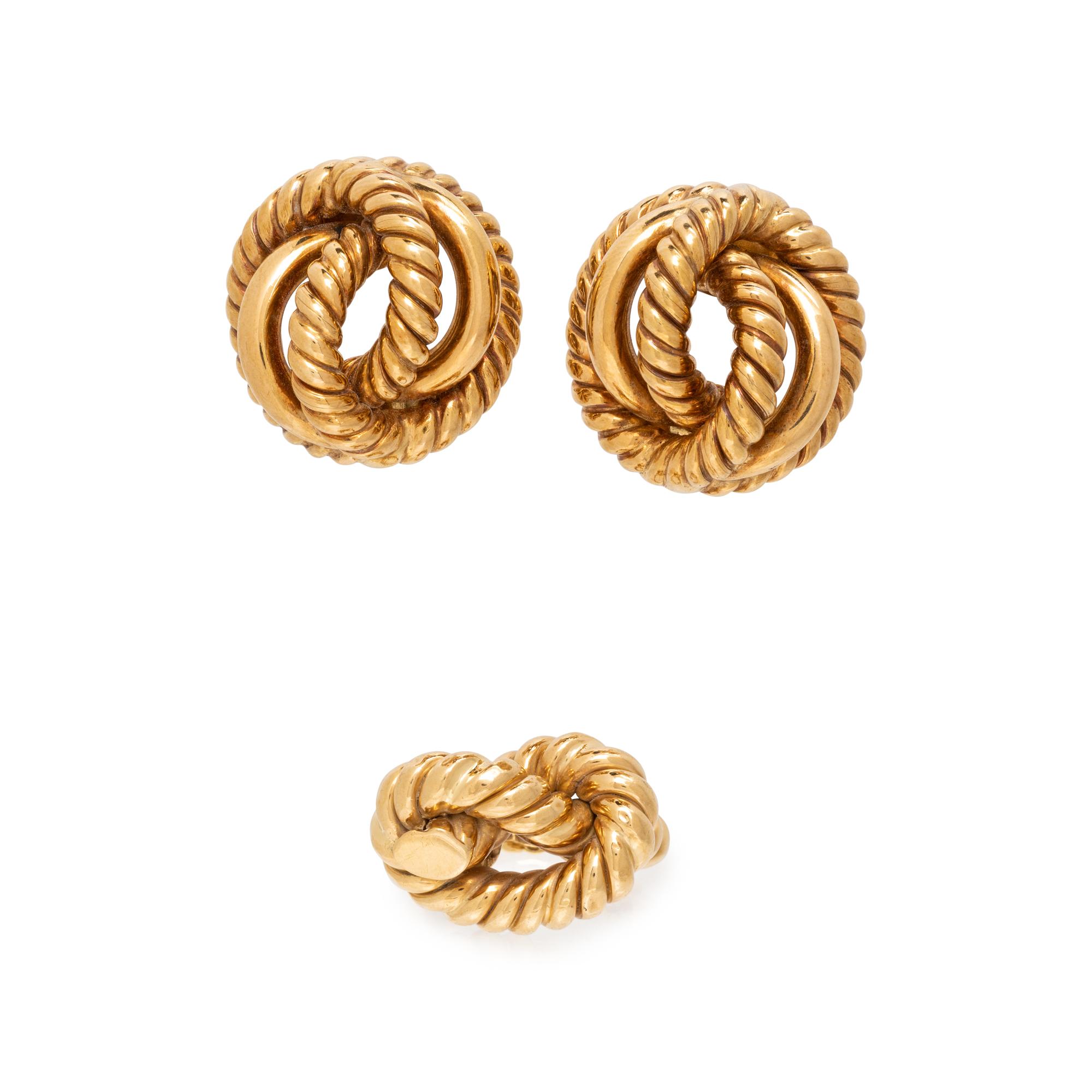 YELLOW GOLD KNOT CLIP EARRINGS AND RING