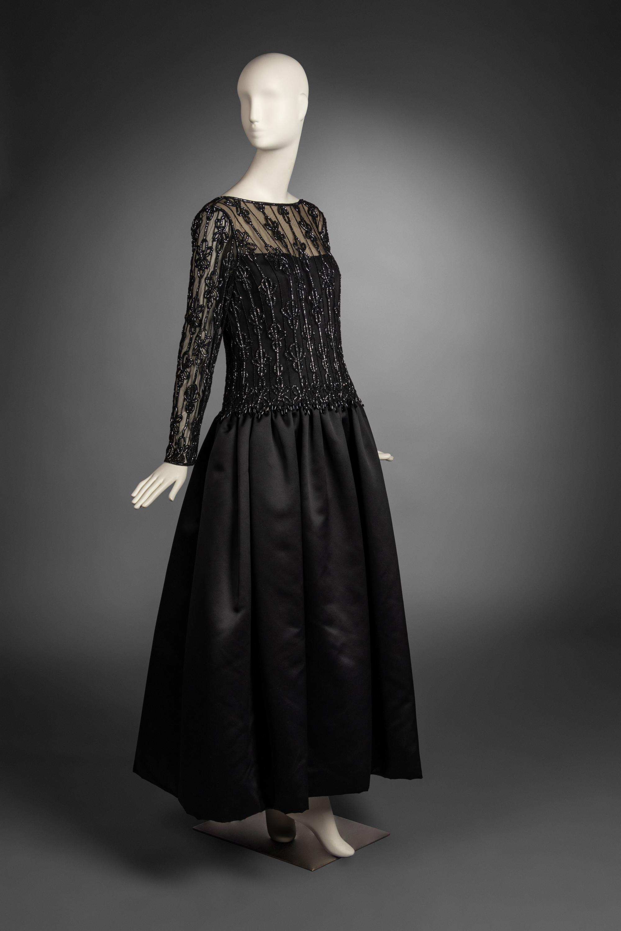 Bob Mackie Black Satin Dress with Embellished Tulle Upper, 1980-90s