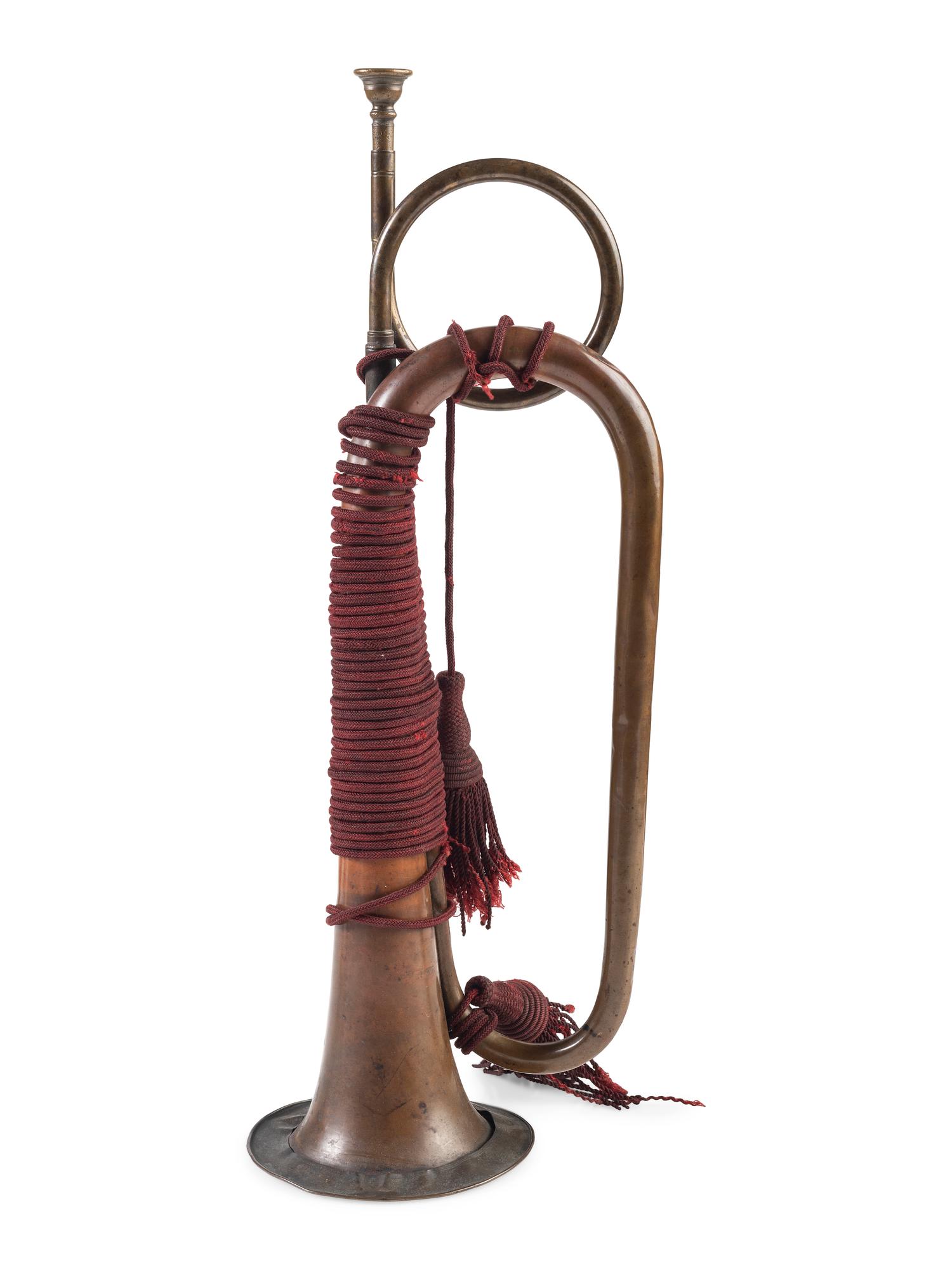 Civil War US Regulation bugle with artillery cords. Manufactured by Horstmann, Philadelphia, PA.