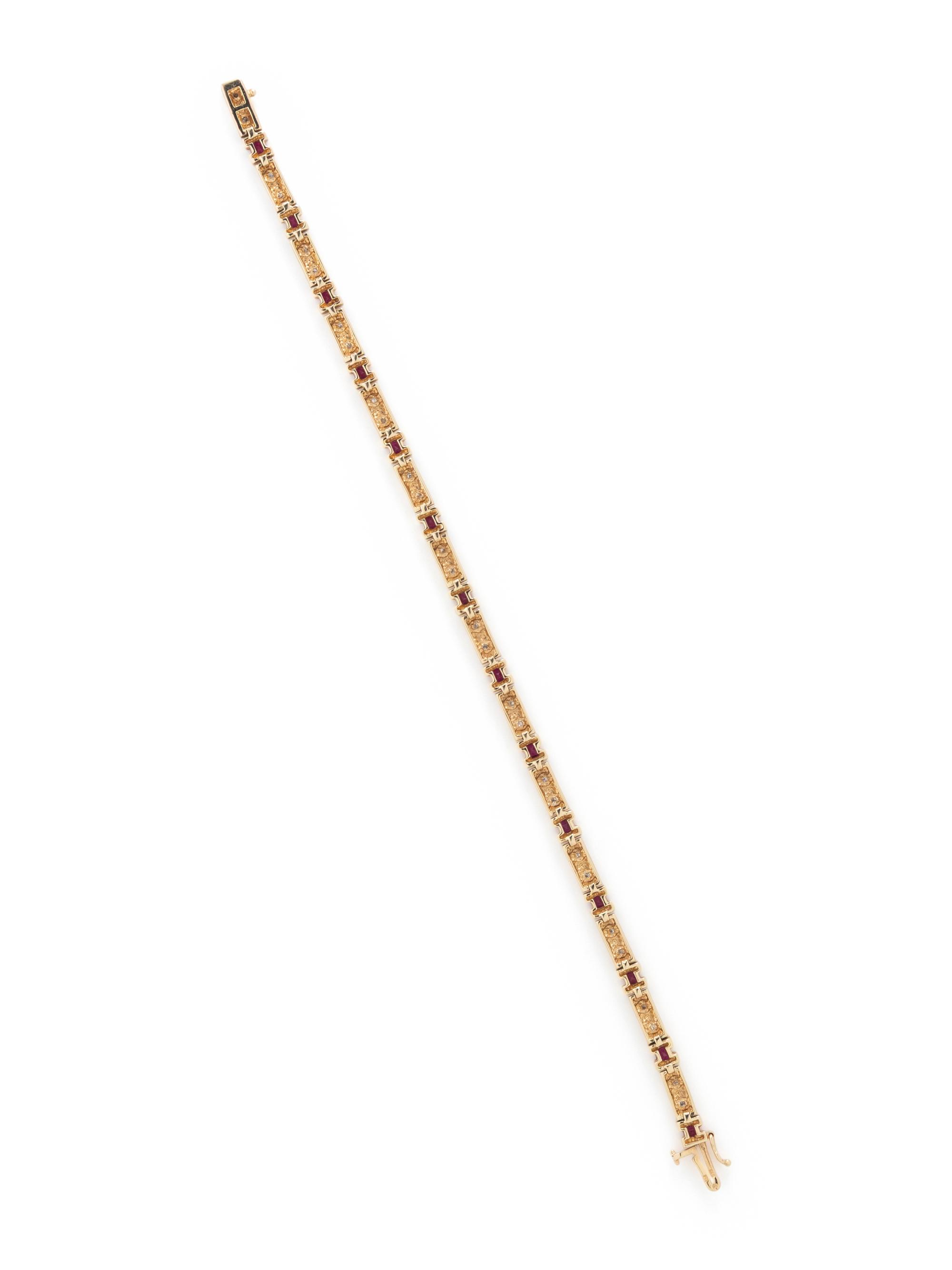 YELLOW GOLD, SYNTHETIC RUBY, AND DIAMOND BRACELET