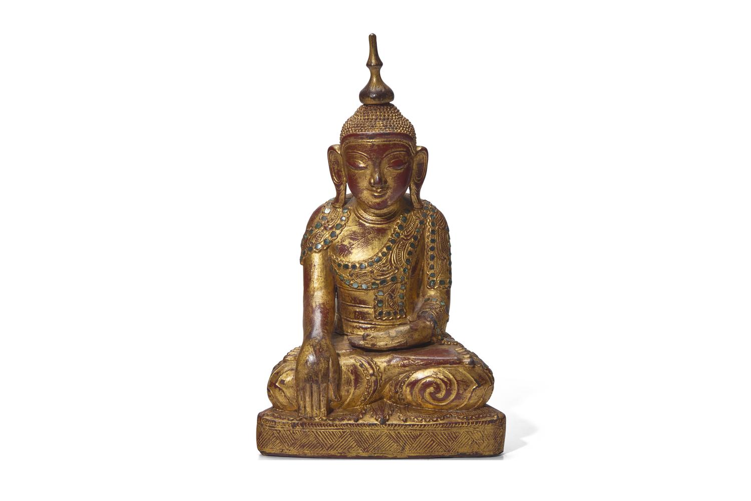A Burmese or Northern Thai Gilt-Lacquered Wood Figure of Buddha