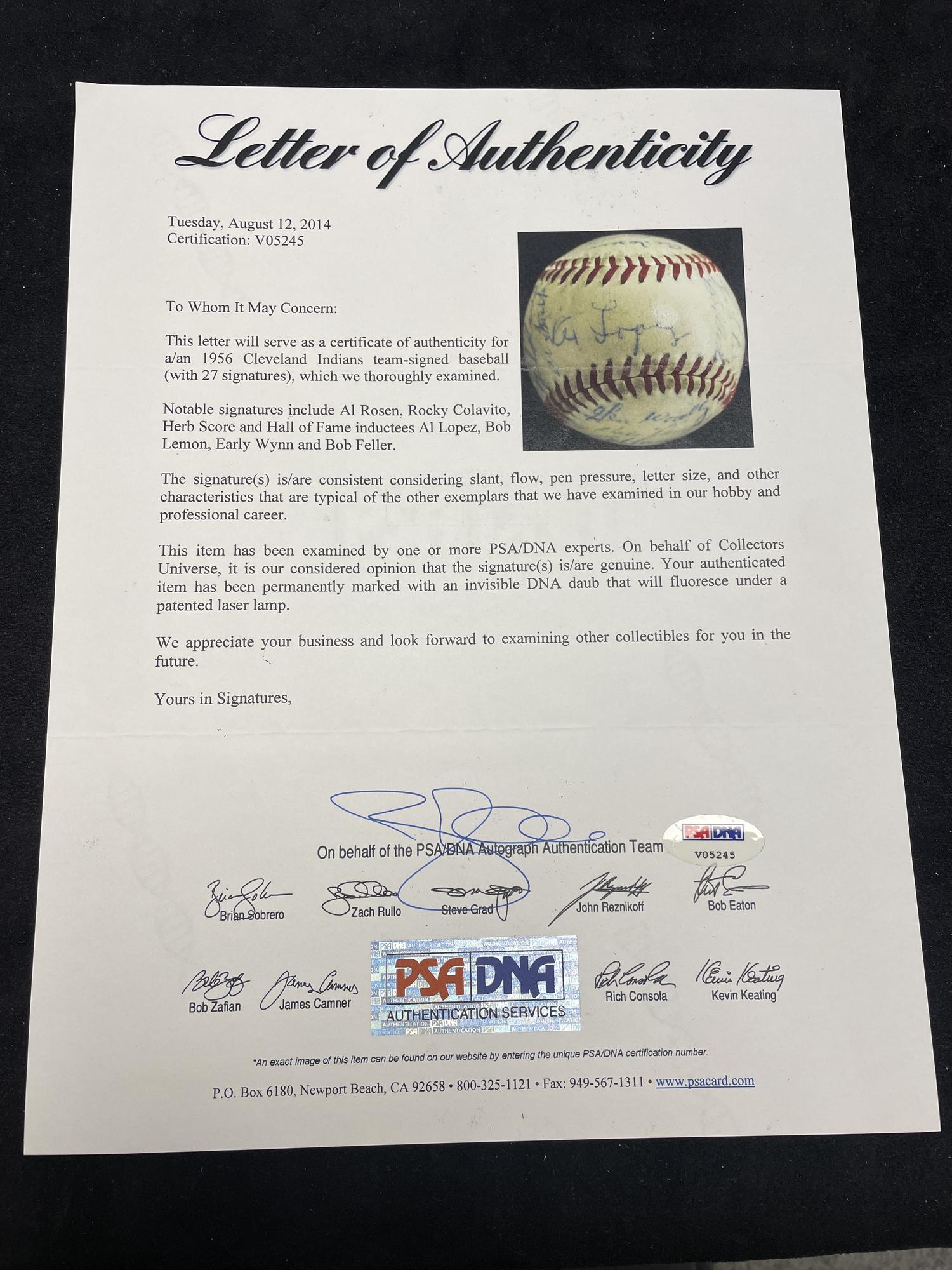 A 1956 Cleveland Indians Team Signed Autograph Baseball (PSA Letter of Authenticity),