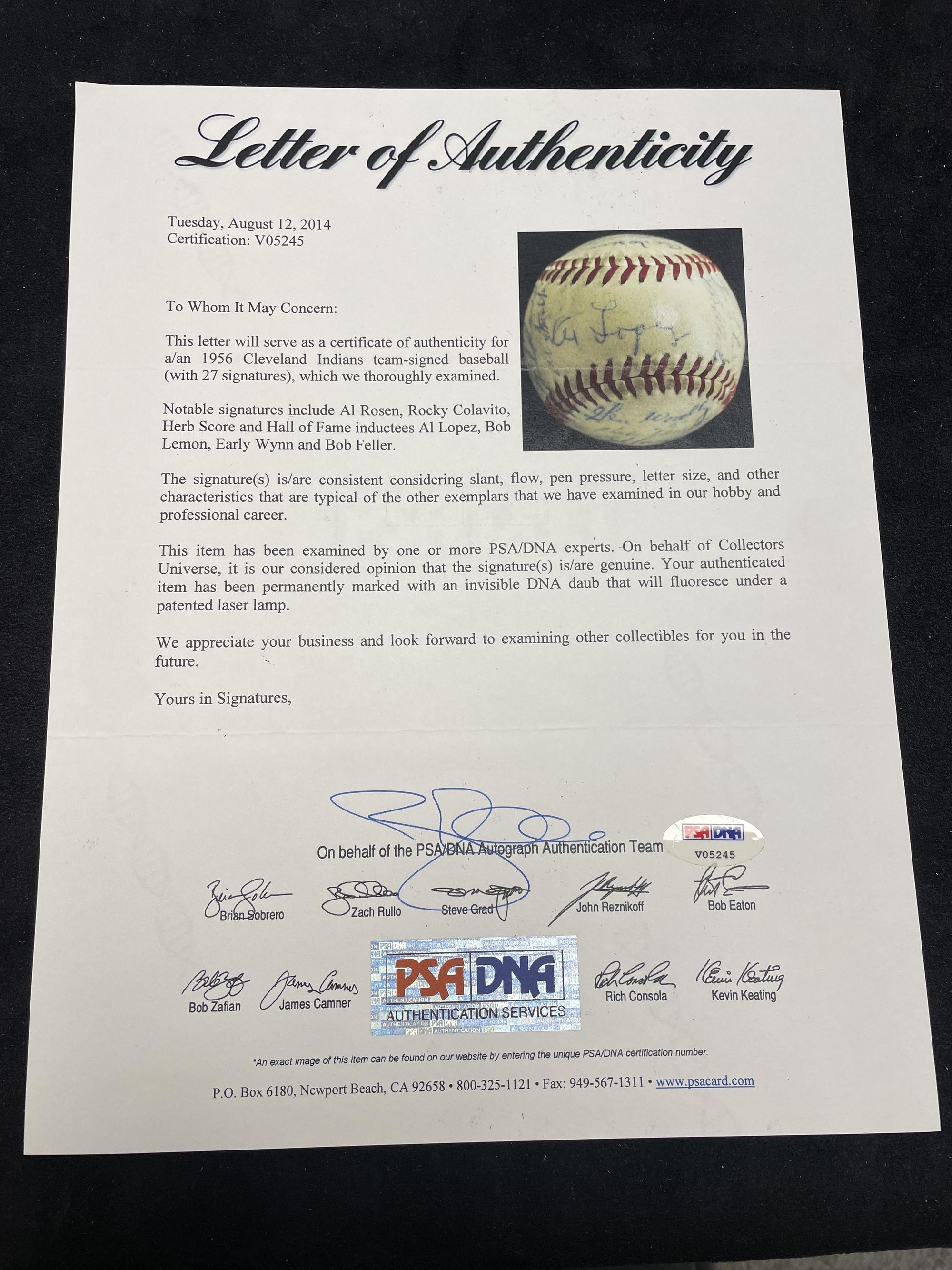 A 1956 Cleveland Indians Team Signed Autograph Baseball (PSA Letter of Authenticity),