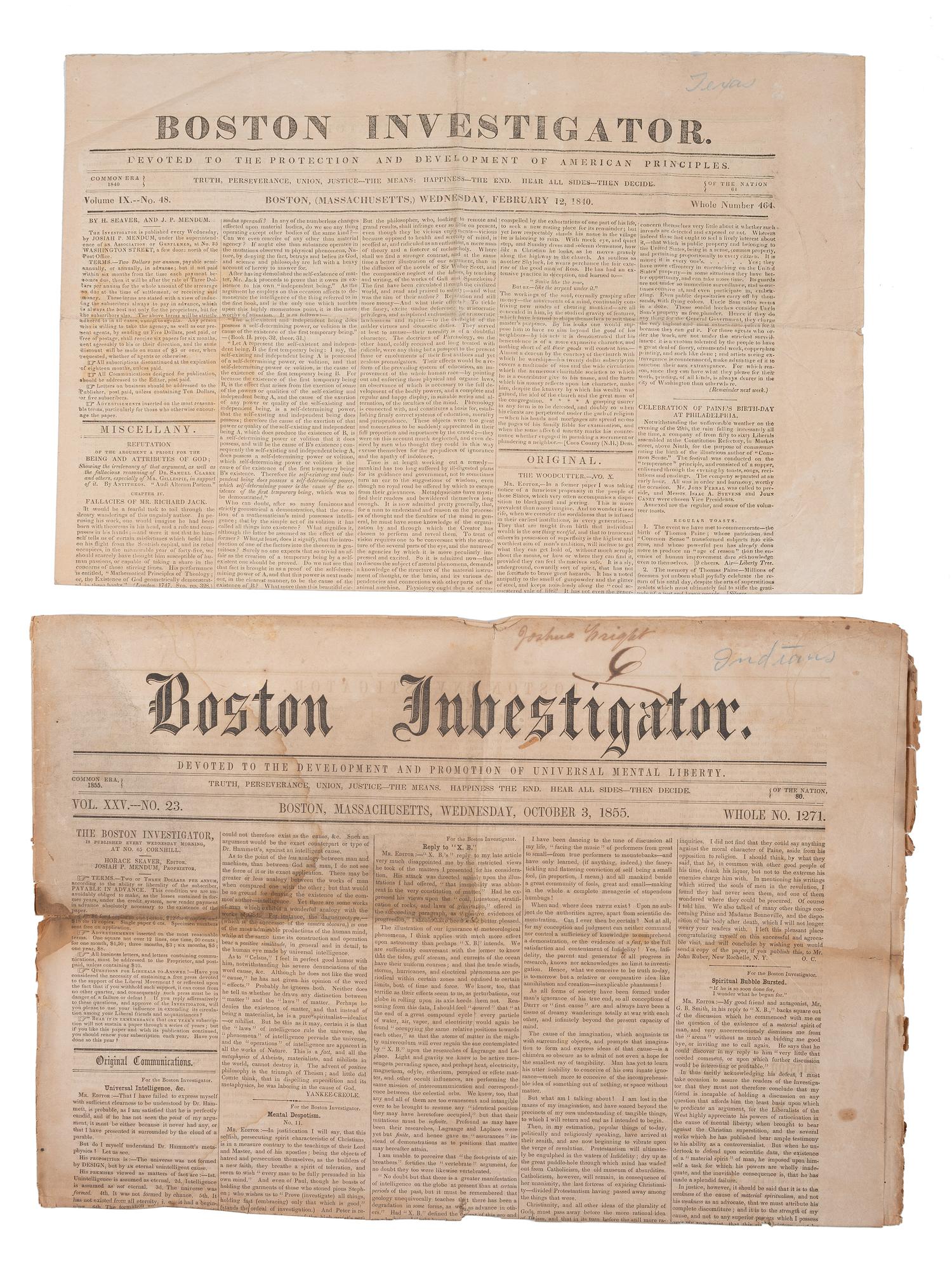 [WESTERN AMERICANA - NEWSPAPERS]. A group of mid-19th century newspapers featuring reporting on Texas, the West, Nevada mining, and Native Americans, comprising: