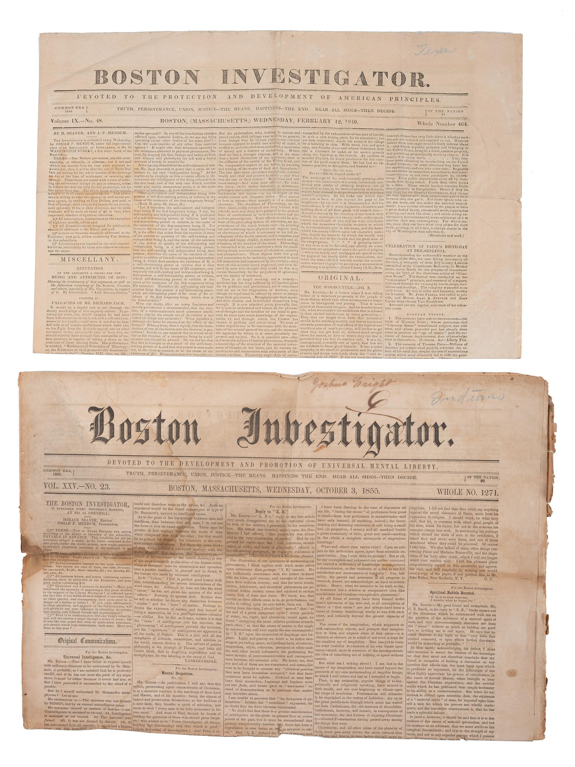 [WESTERN AMERICANA - NEWSPAPERS]. A group of mid-19th century newspapers featuring reporting on Texas, the West, Nevada mining, and Native Americans, comprising: