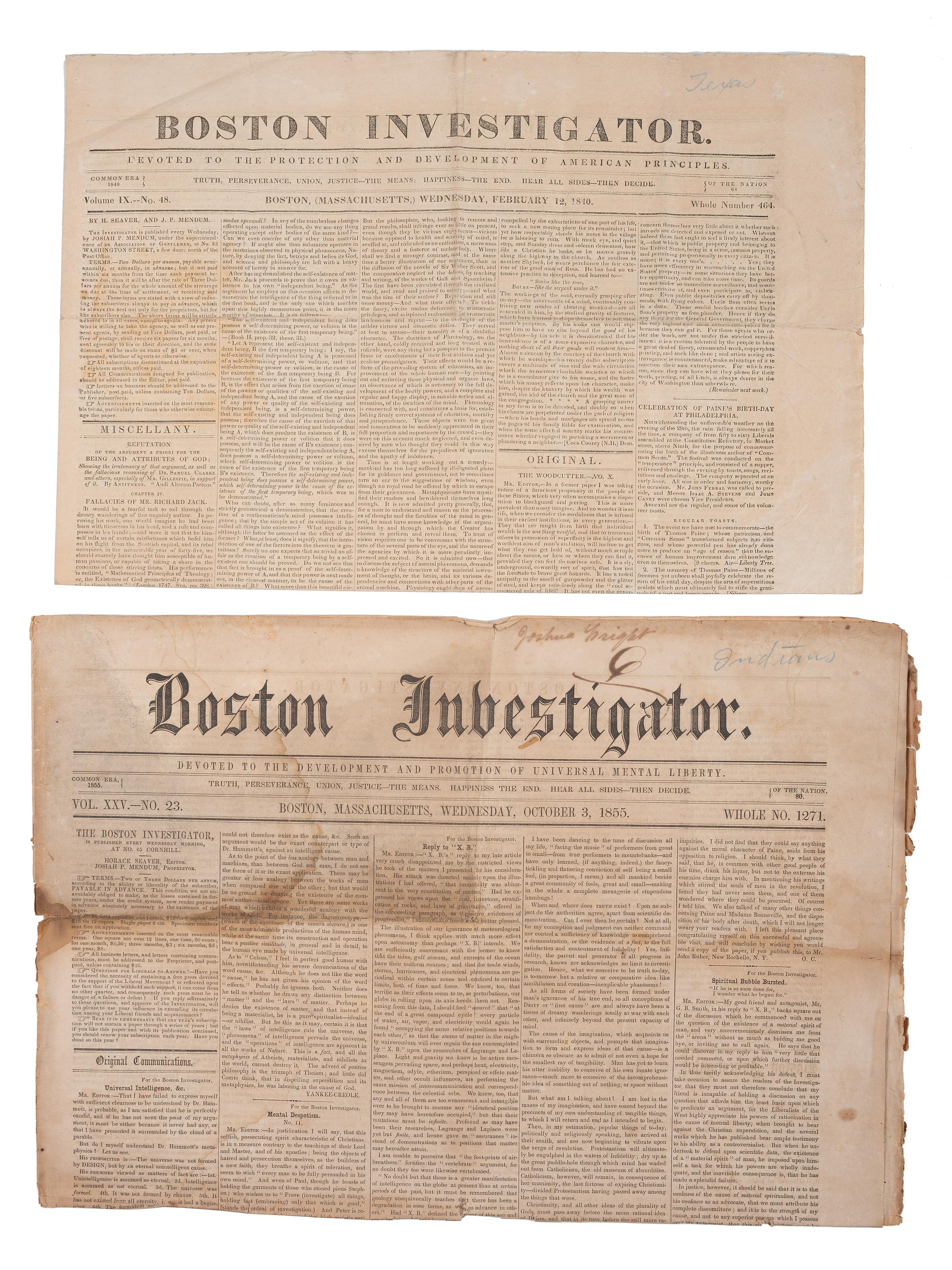 [WESTERN AMERICANA - NEWSPAPERS]. A group of mid-19th century newspapers featuring reporting on Texas, the West, Nevada mining, and Native Americans, comprising: