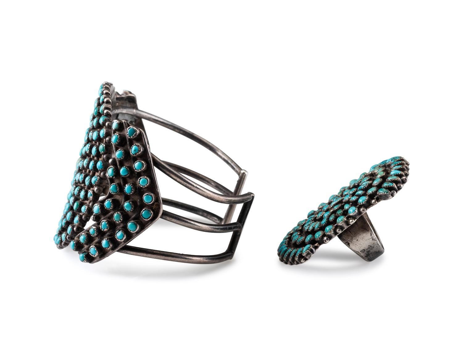 Zuni Silver and Petit Point Turquoise Cluster Cuff Bracelet, PLUS Ring