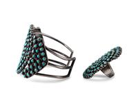 Zuni Silver and Petit Point Turquoise Cluster Cuff Bracelet, PLUS Ring