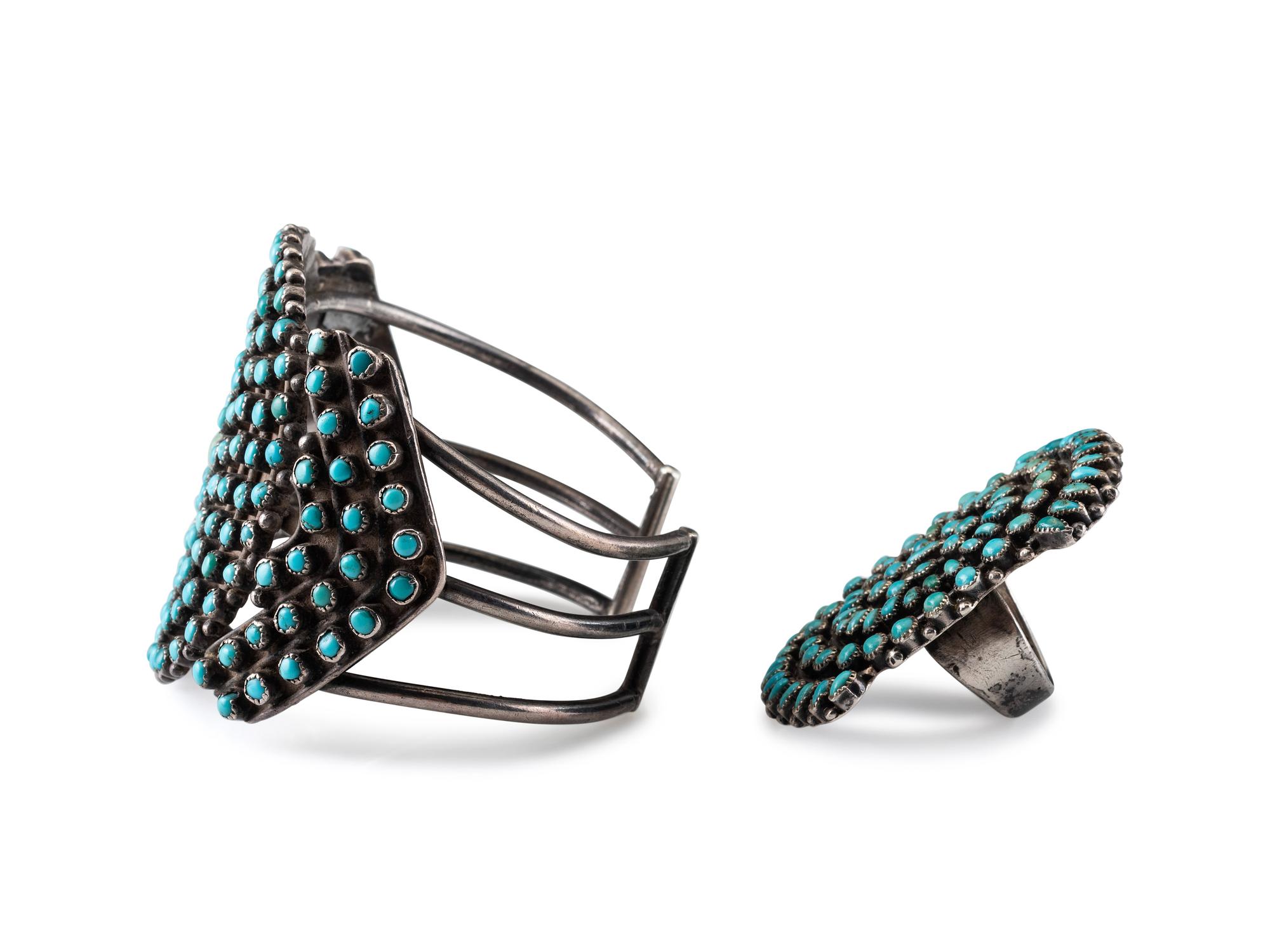 Zuni Silver and Petit Point Turquoise Cluster Cuff Bracelet, PLUS Ring