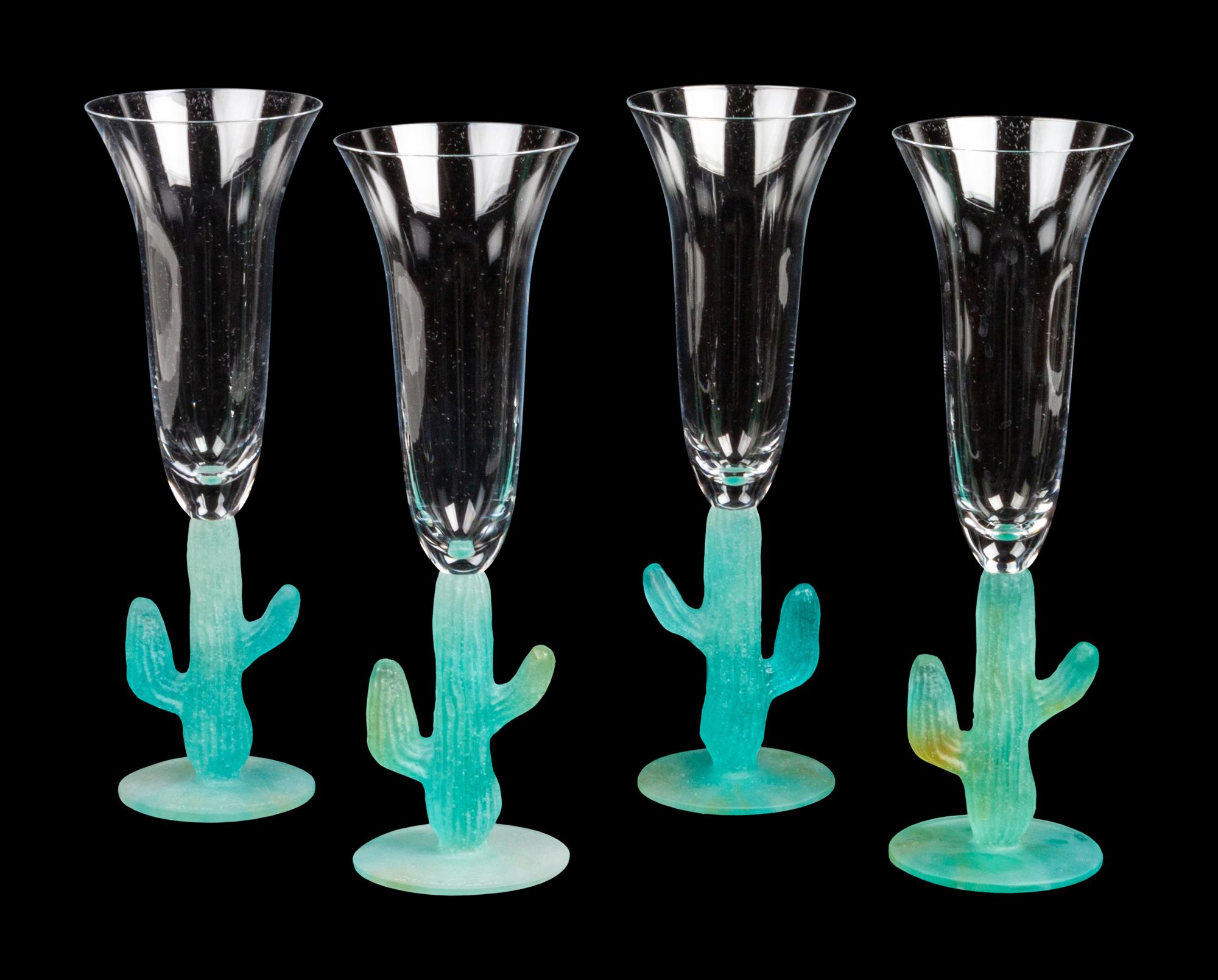 A Set of Three Daum Pate-de-Verre Cactus Champagne Flutes