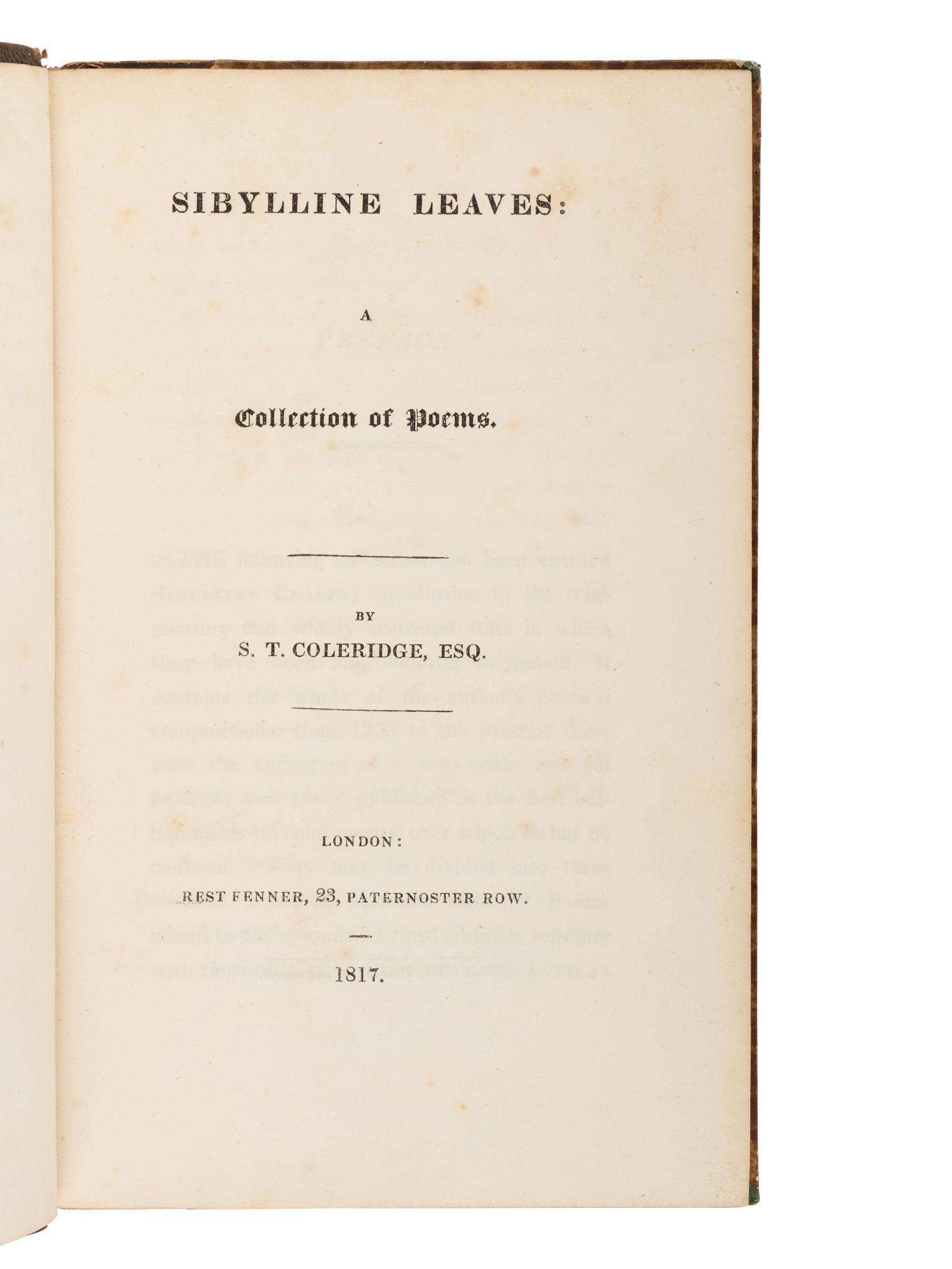 COLERIDGE, Samuel Taylor (1772-1834). Sibylline Leaves: A Collection of Poems . London: Rest Fenner, 1817.