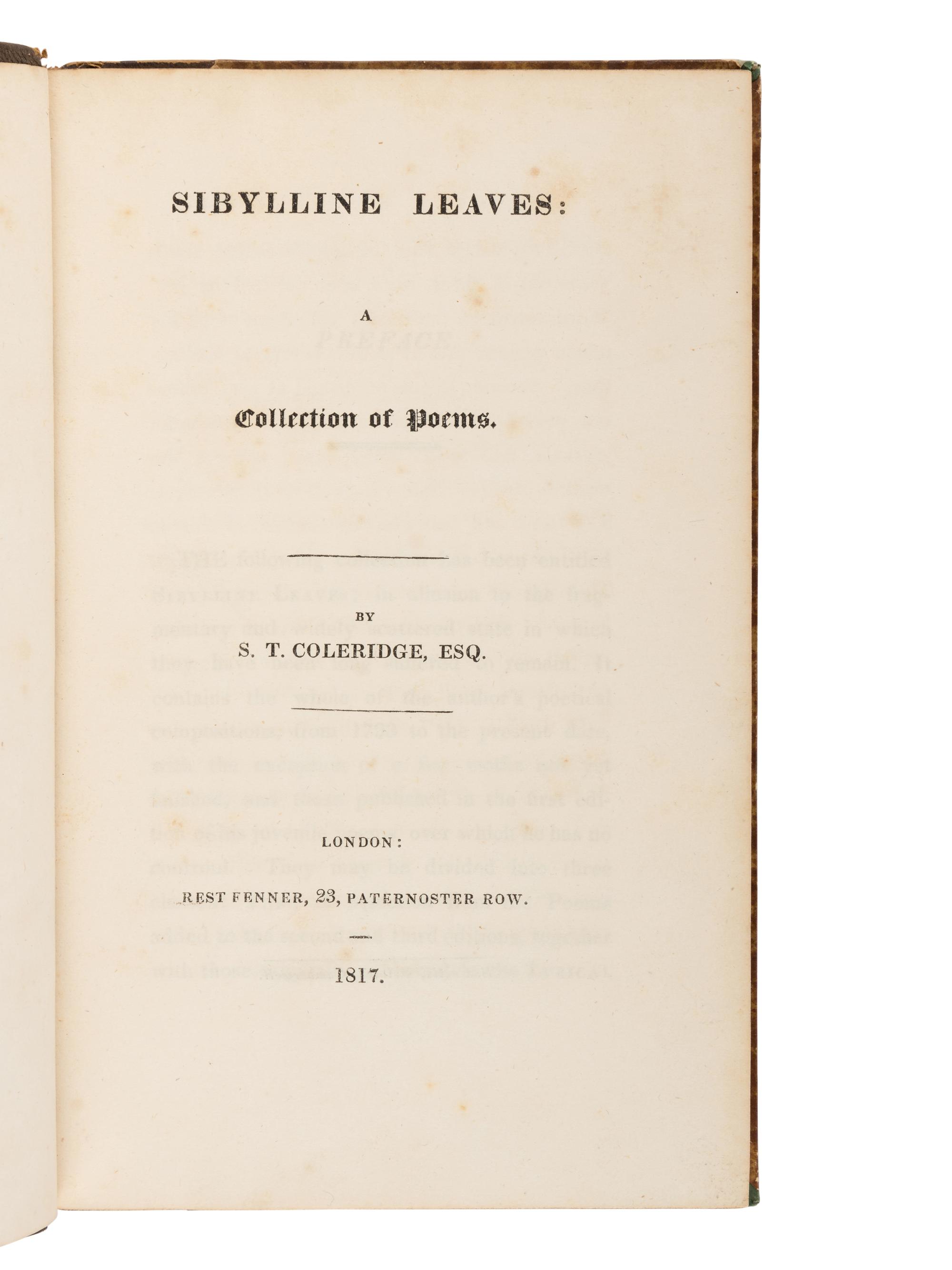 COLERIDGE, Samuel Taylor (1772-1834). Sibylline Leaves: A Collection of Poems . London: Rest Fenner, 1817.